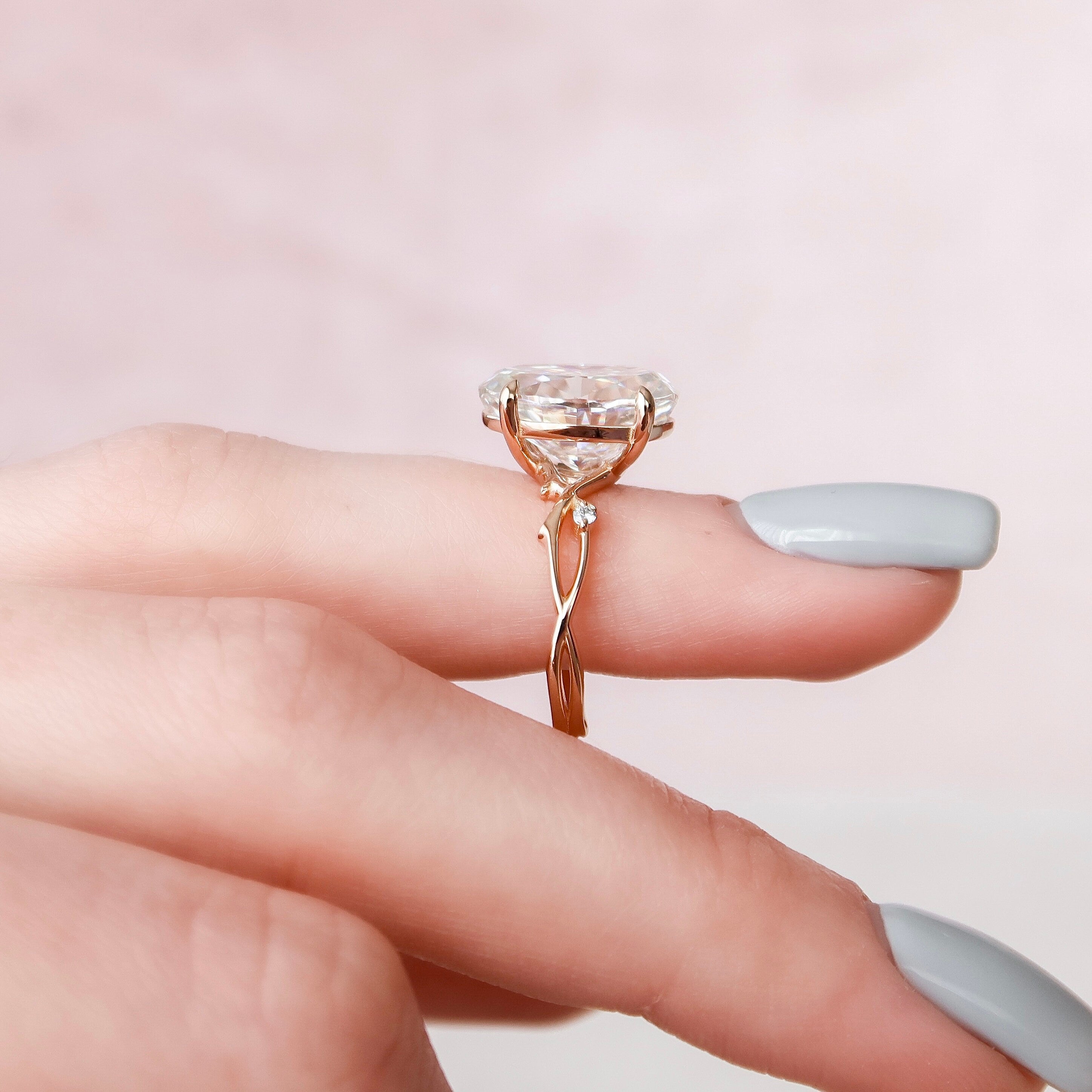 5.0 CT Oval Solitaire & Twig Pave Style Moissanite Engagement Ring - crownmoissanite