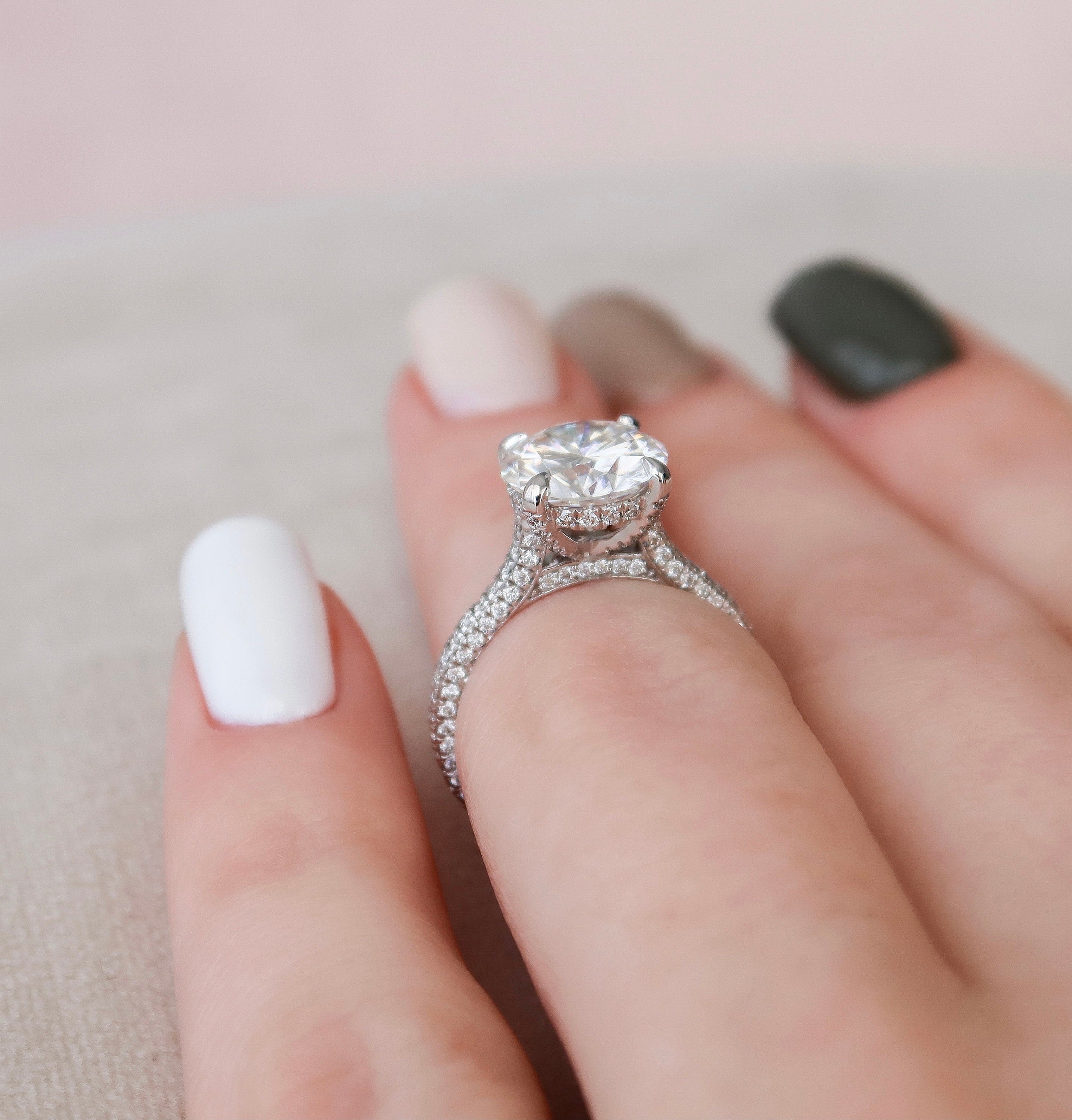 2.5 CT Round Cut Hidden Halo & Pave Setting Engagement Ring - crownmoissanite