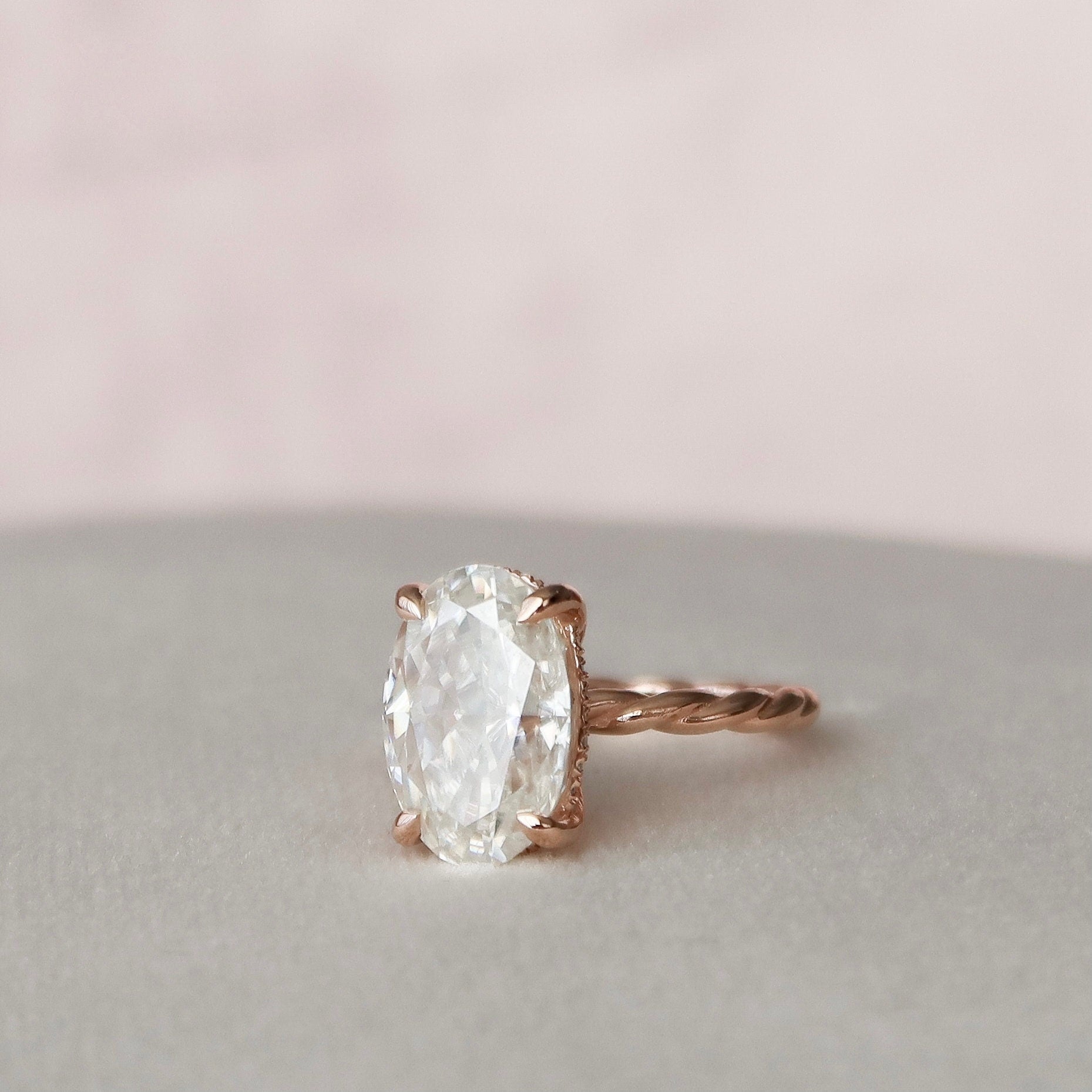 3.5 CT Oval Twisted Band and Hidden Halo Moissanite Engagement Ring - crownmoissanite