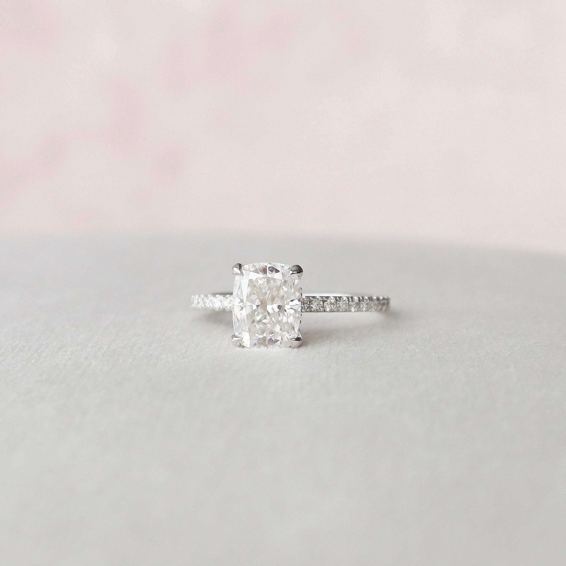 1.5 CT Cushion Hidden Halo Pave Moissanite Engagement Ring - crownmoissanite