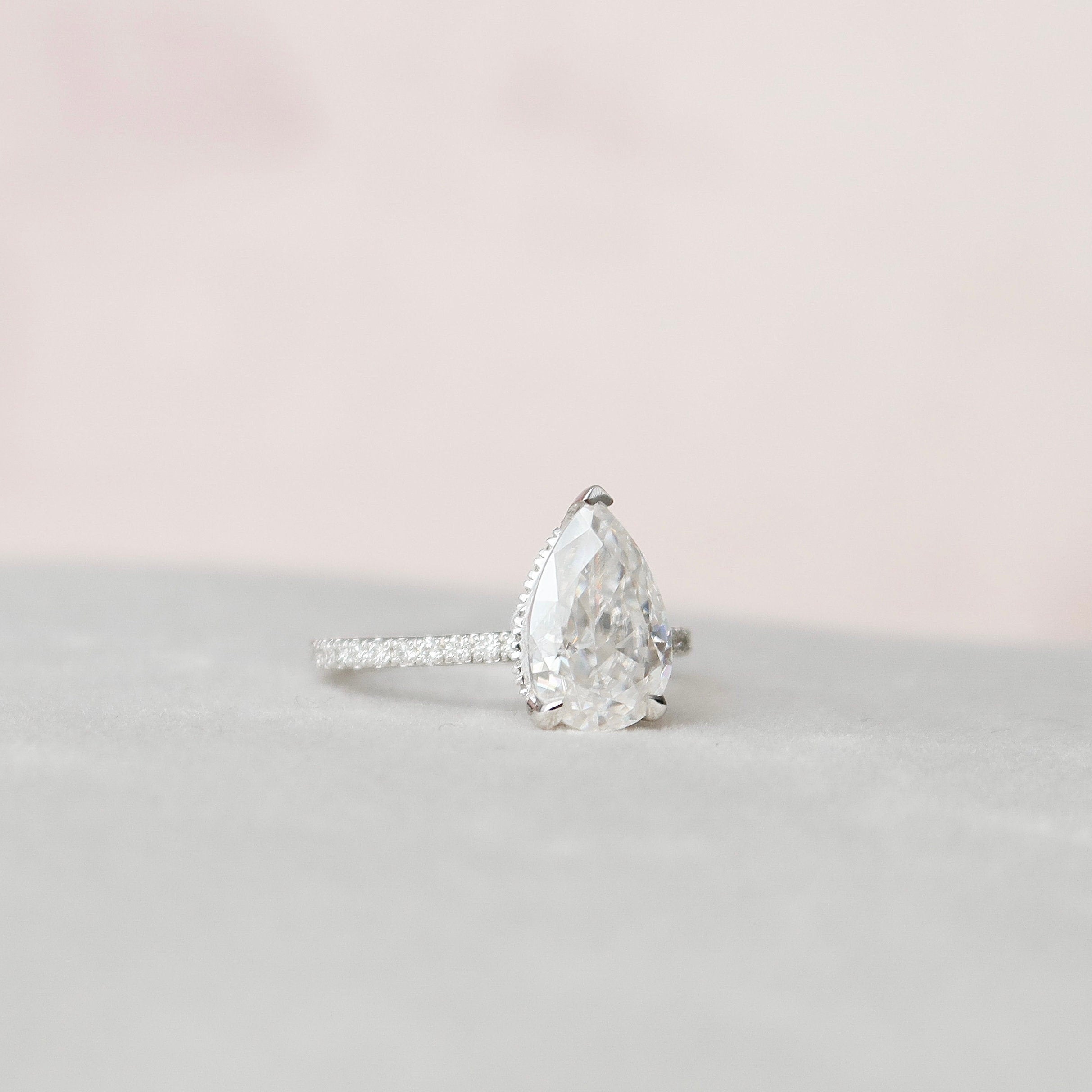 2.0 CT Pear Cut Pave & Hidden Halo Style Moissanite Engagement Ring - crownmoissanite