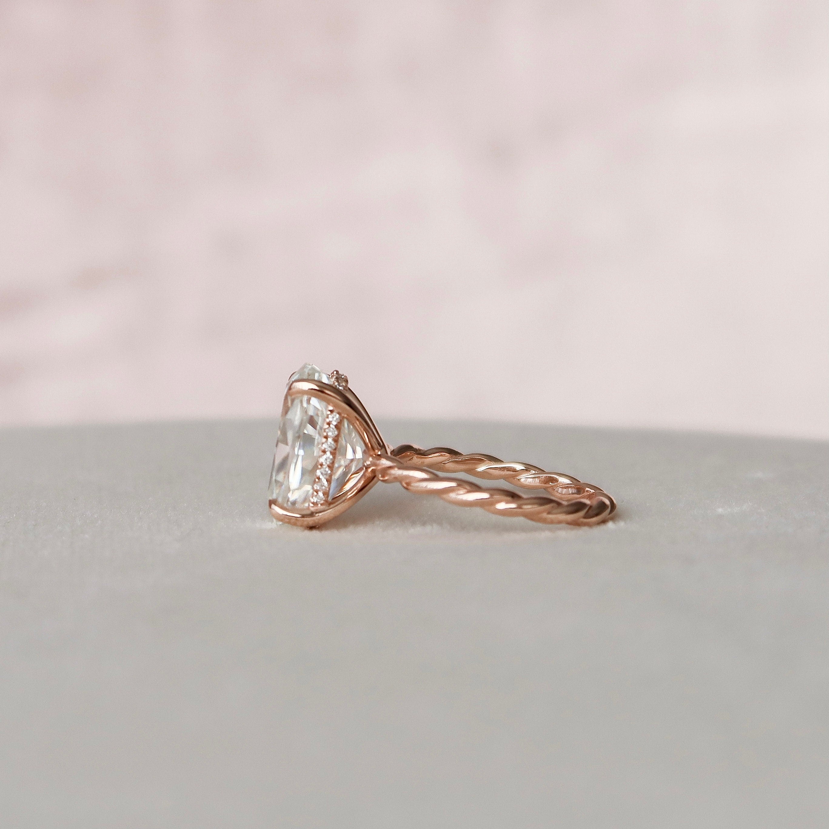 3.5 CT Oval Twisted Band and Hidden Halo Moissanite Engagement Ring - crownmoissanite