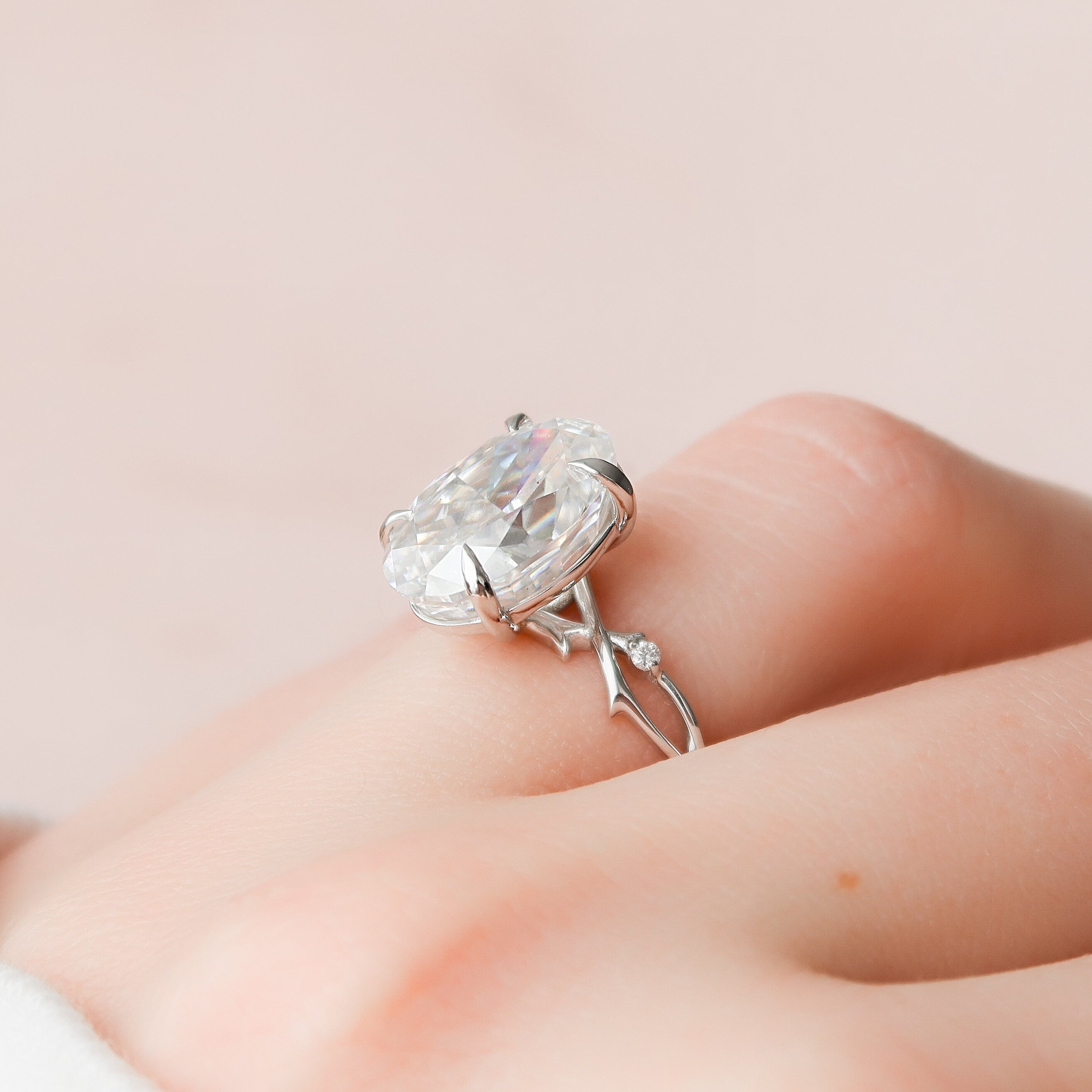 5.0 CT Oval Solitaire & Twig Pave Style Moissanite Engagement Ring - crownmoissanite