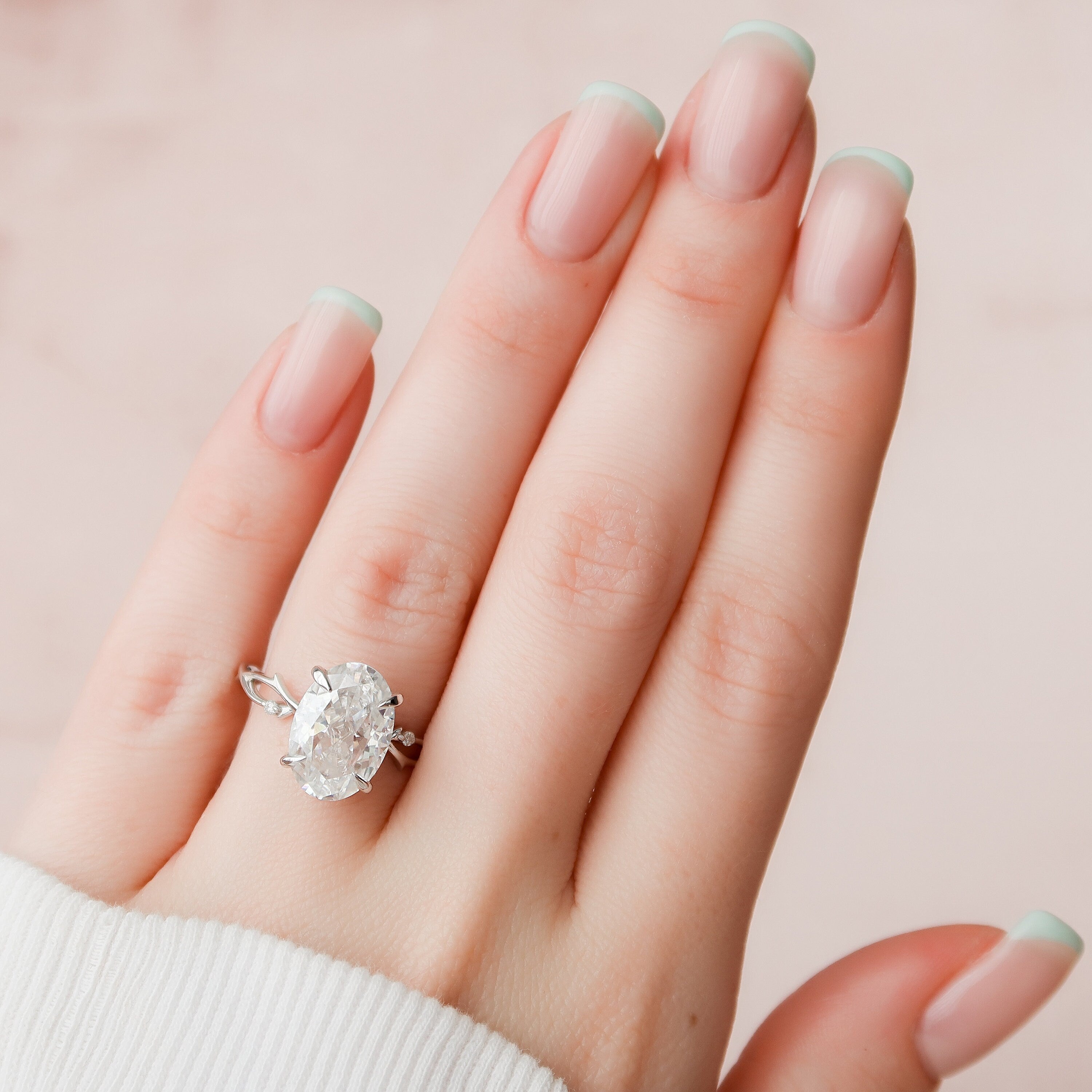 5.0 CT Oval Solitaire & Twig Pave Style Moissanite Engagement Ring - crownmoissanite