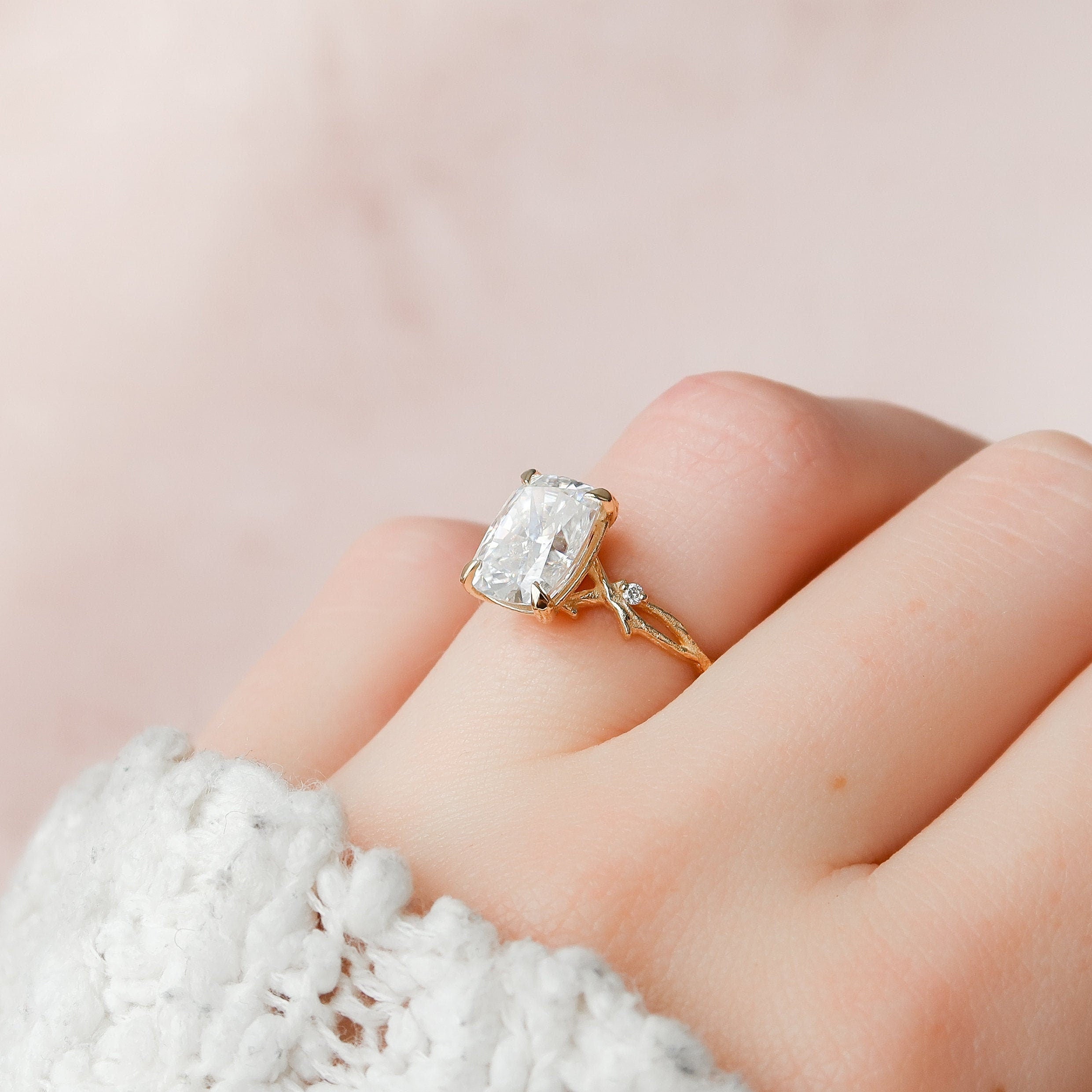 4.0 CT Cushion Cut Twig Pave Moissanite Engagement Ring - crownmoissanite