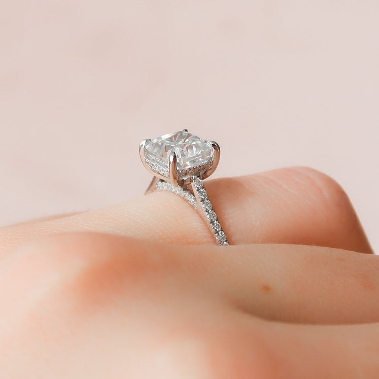 3.0 CT Cushion Hidden Halo & Pave Setting Moissanite Engagement Ring - crownmoissanite