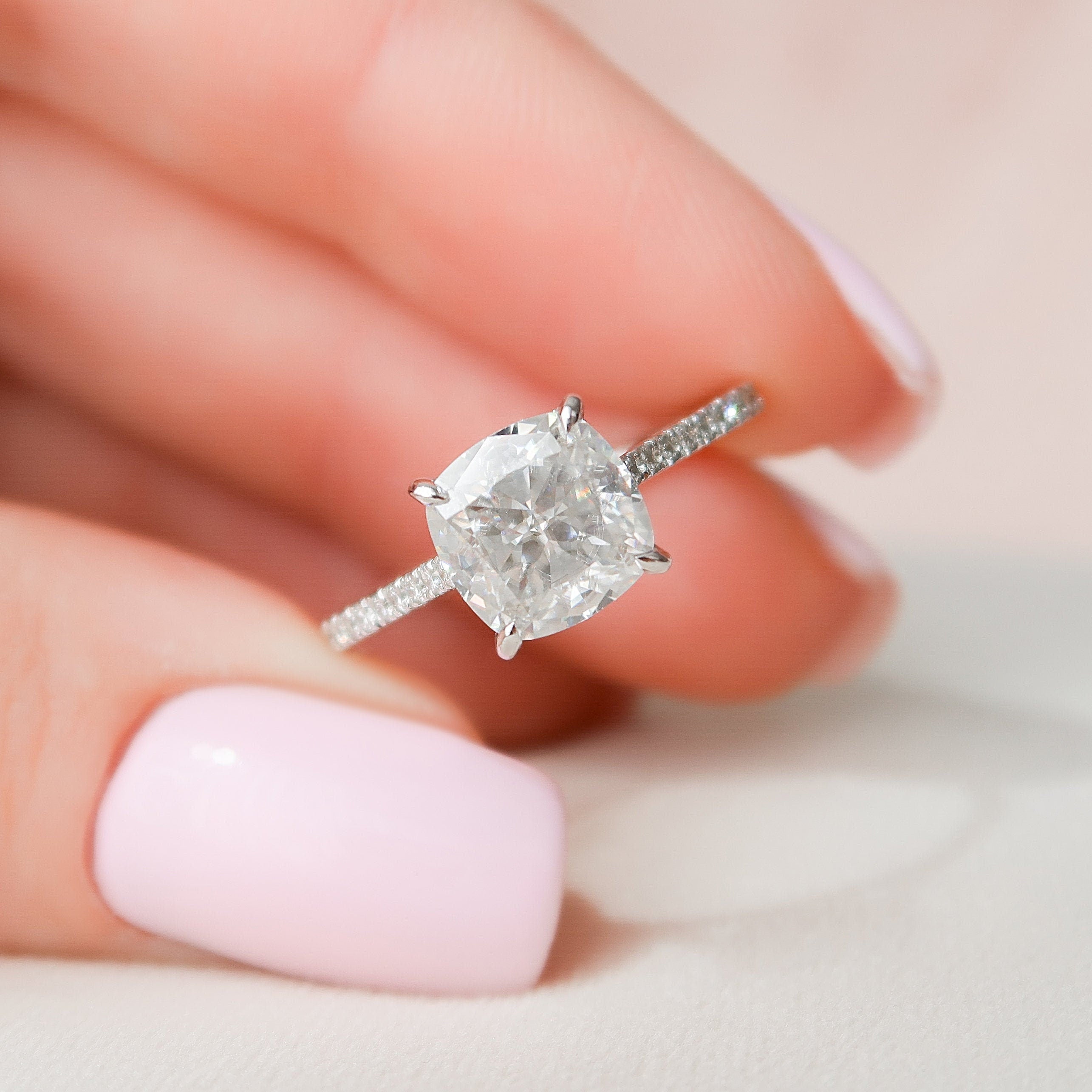 3.0 CT Cushion Hidden Halo & Pave Setting Moissanite Engagement Ring - crownmoissanite