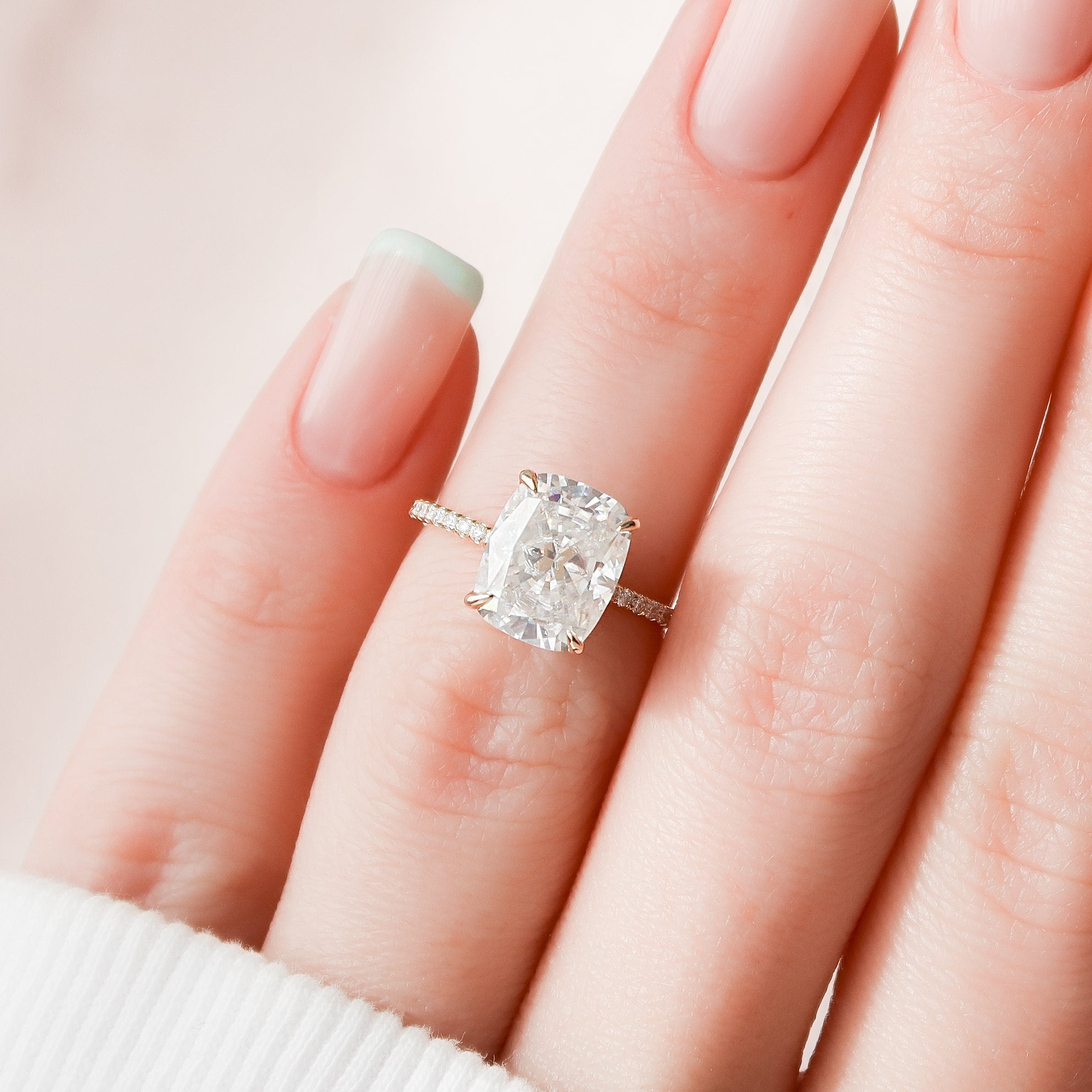 4.0 CT Cushion Hidden Halo & Pave Setting Moissanite Engagement Ring - crownmoissanite
