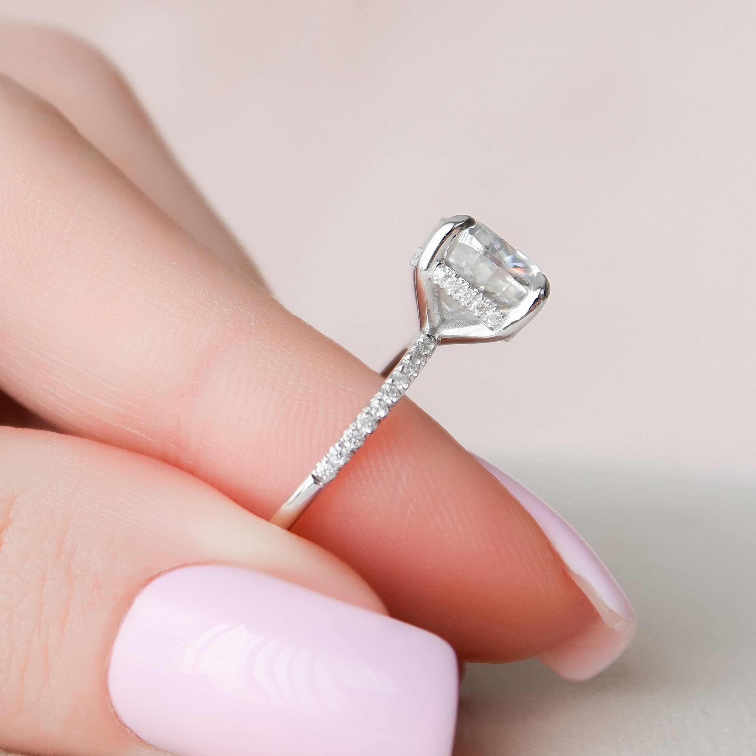 2.5 CT Cushion Hidden Halo & Pave Setting Moissanite Engagement Ring - crownmoissanite