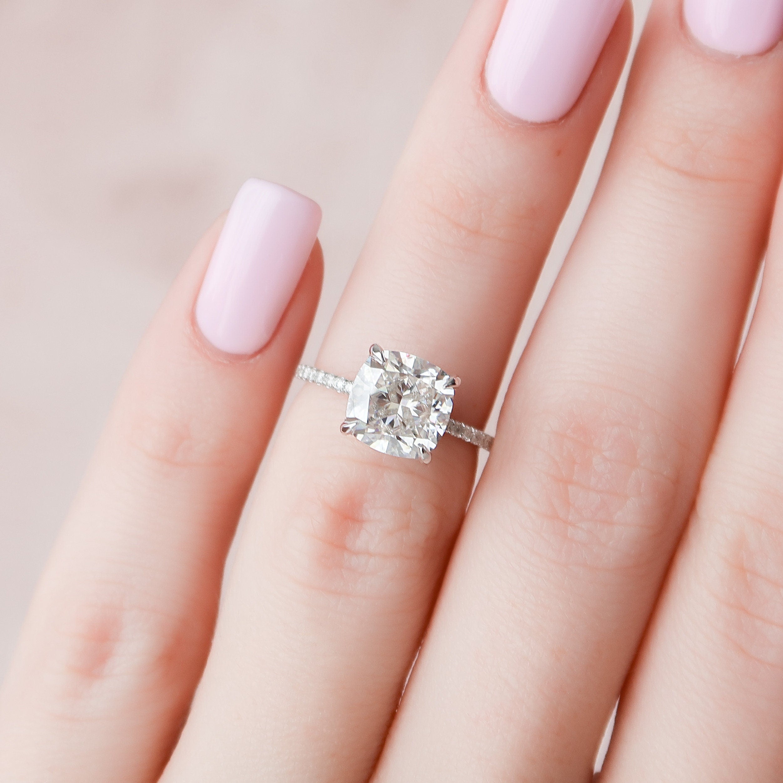 2.5 CT Cushion Hidden Halo & Pave Setting Moissanite Engagement Ring - crownmoissanite