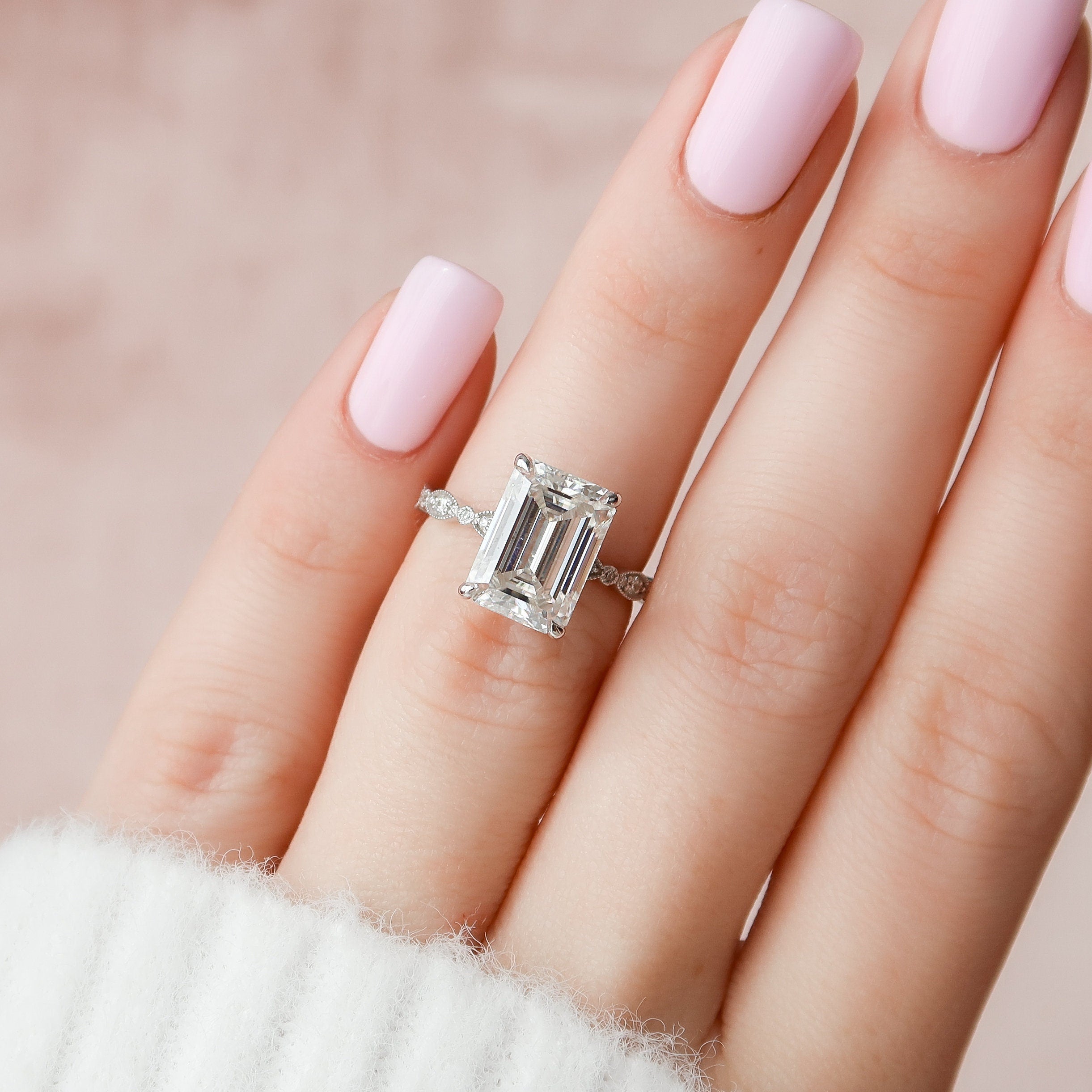 5.0 CT Emerald Milgrain Vintage Style Moissanite Engagement Ring - crownmoissanite