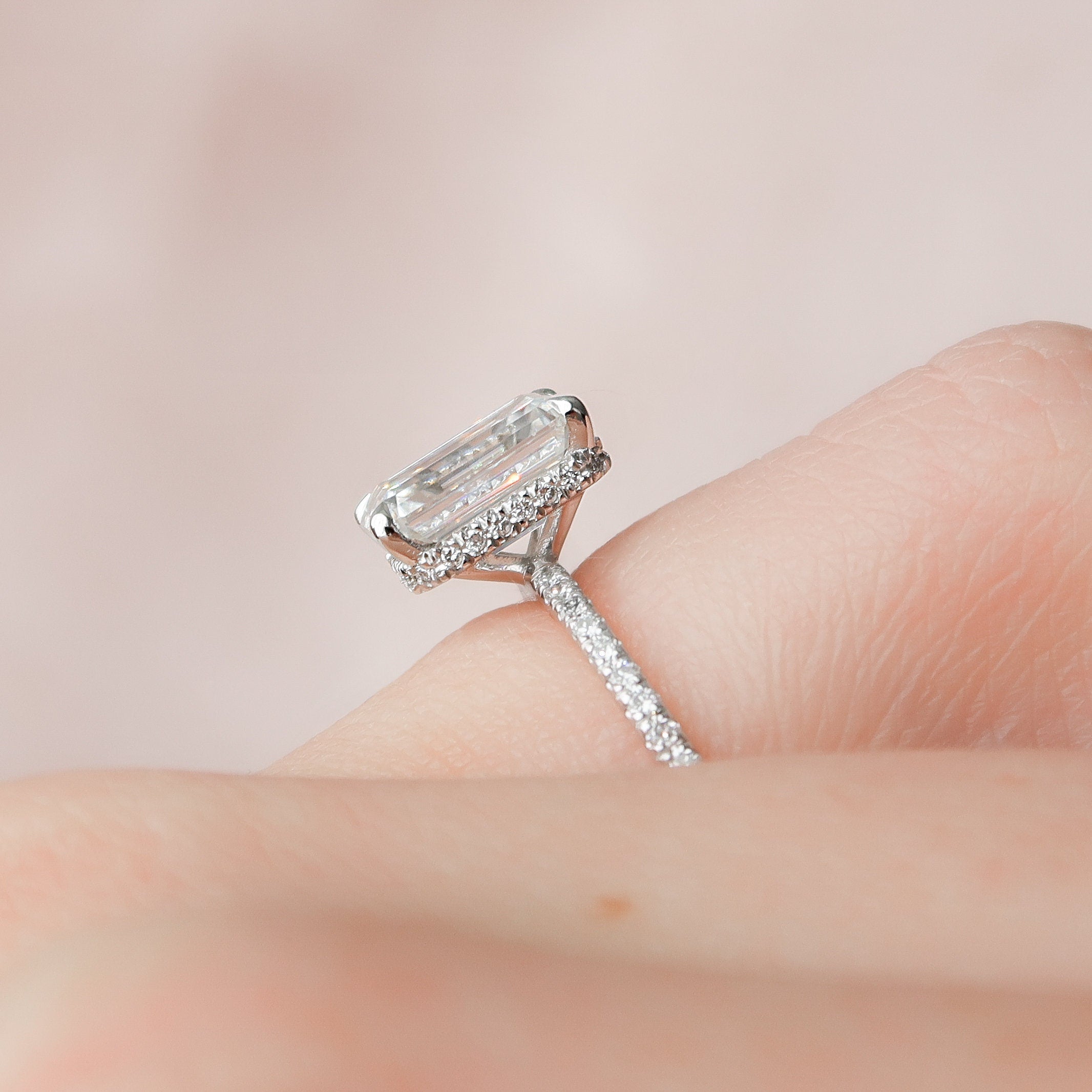3.0 CT Emerald Cut Hidden Halo & Pave Moissanite Engagement Ring - crownmoissanite