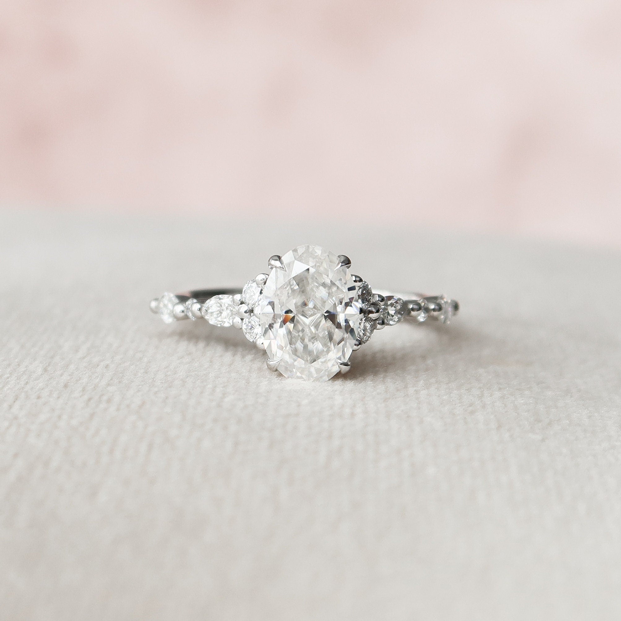 1.5 CT Oval Shaped Moissanite Cluster Engagement Ring - crownmoissanite