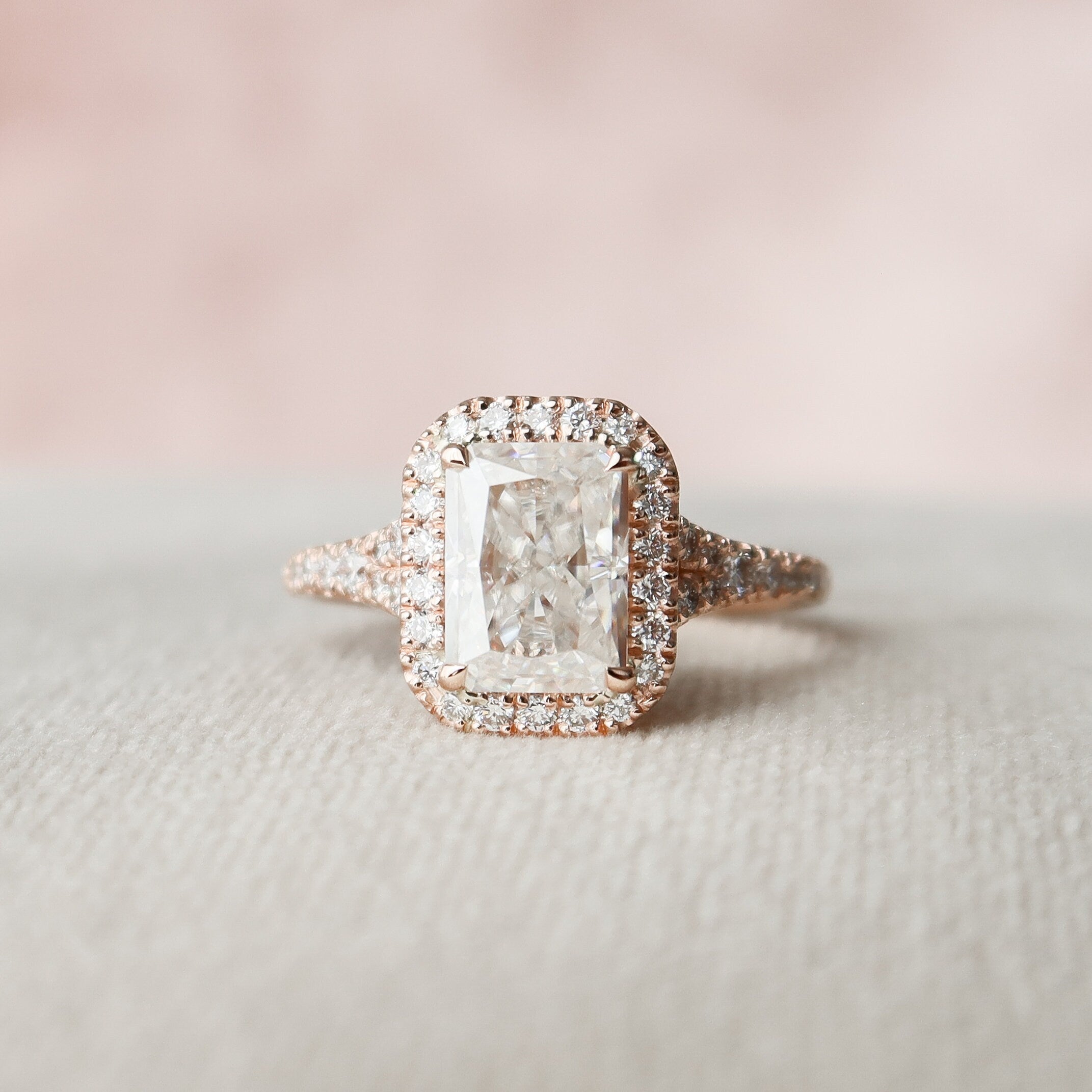 3.50 CT Radiant Halo & Split Shank Moissanite Engagement Ring - crownmoissanite