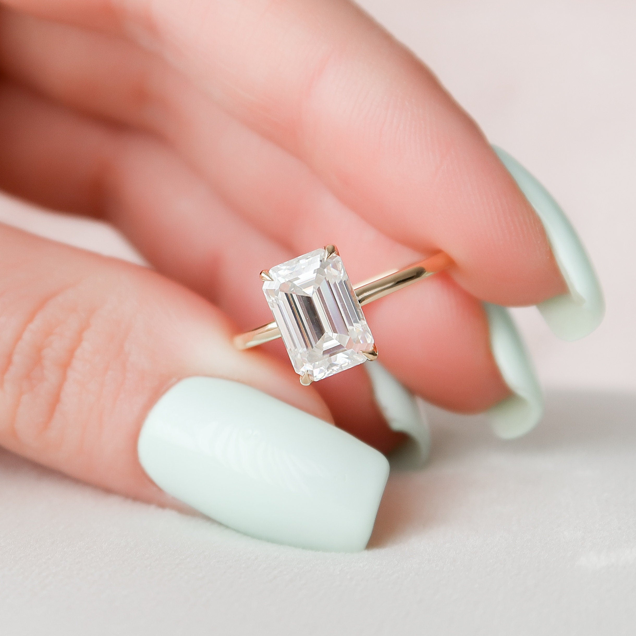 3.0 CT Emerald Cut Solitaire & Hidden Halo Moissanite Engagement Ring - crownmoissanite