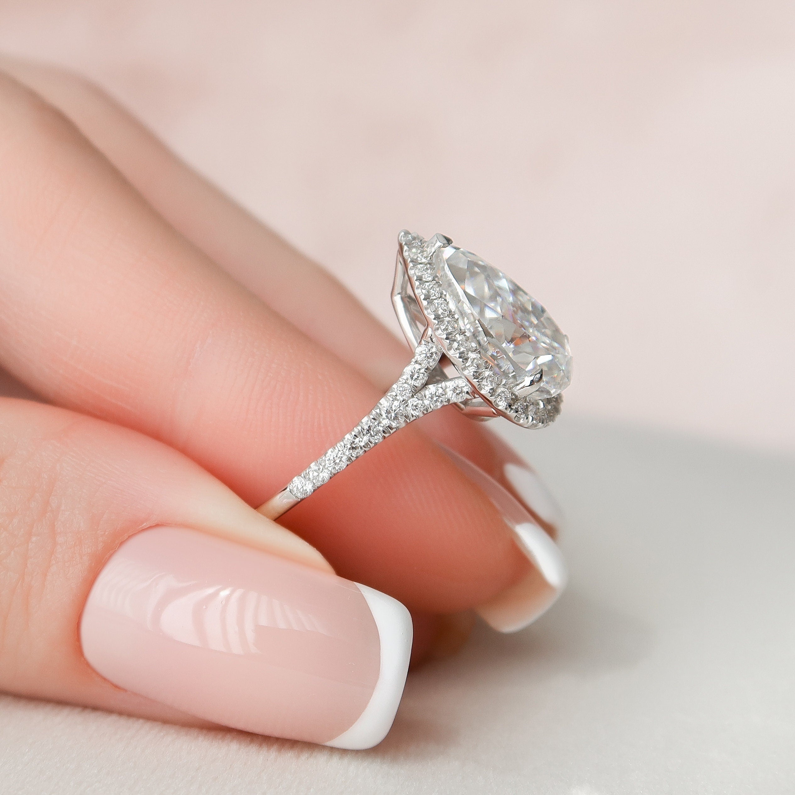 3.0 CT Pear Halo & Split Shank Moissanite Engagement Ring - crownmoissanite