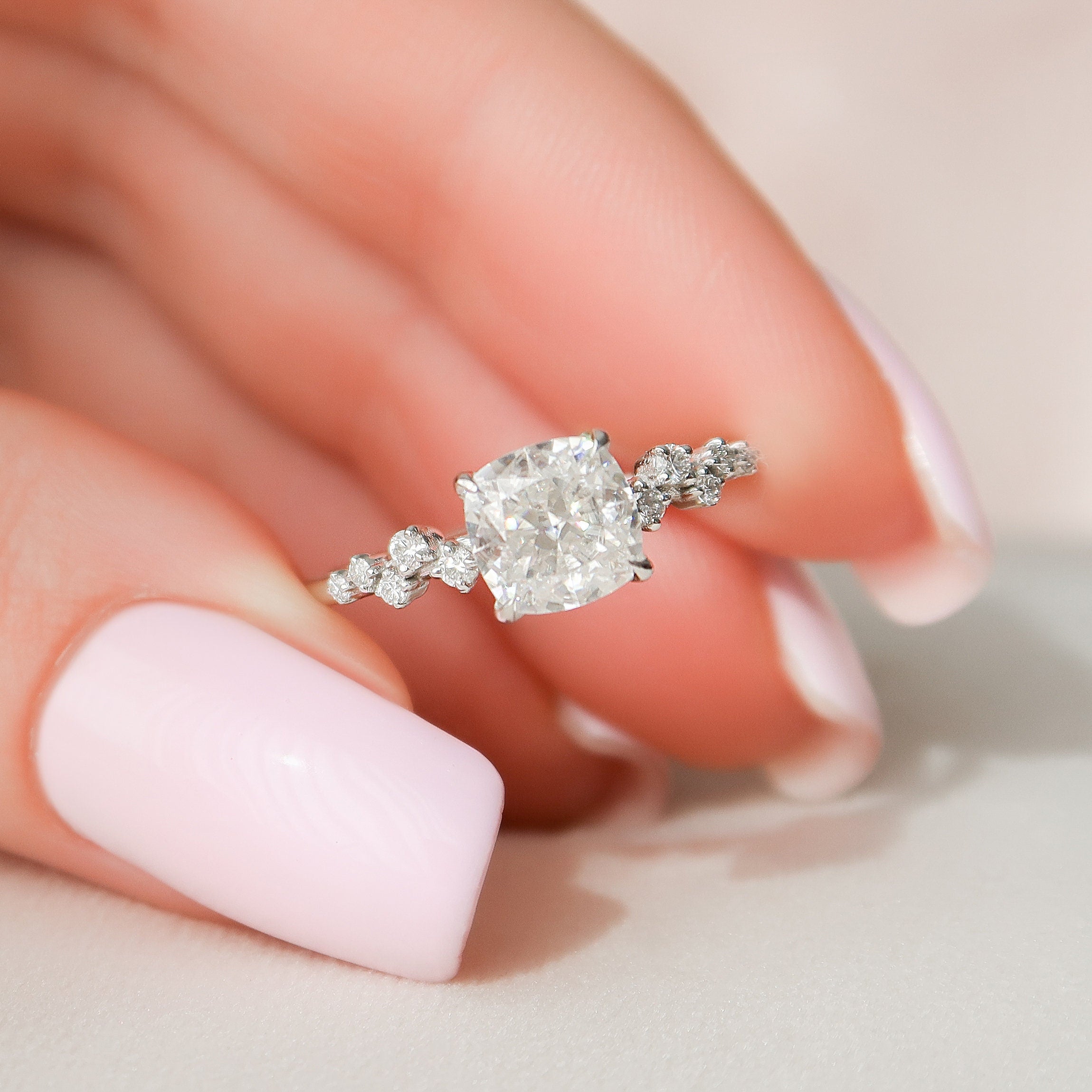 1.50 CT Cushion Shaped Moissanite Hidden Halo Engagement Ring - crownmoissanite