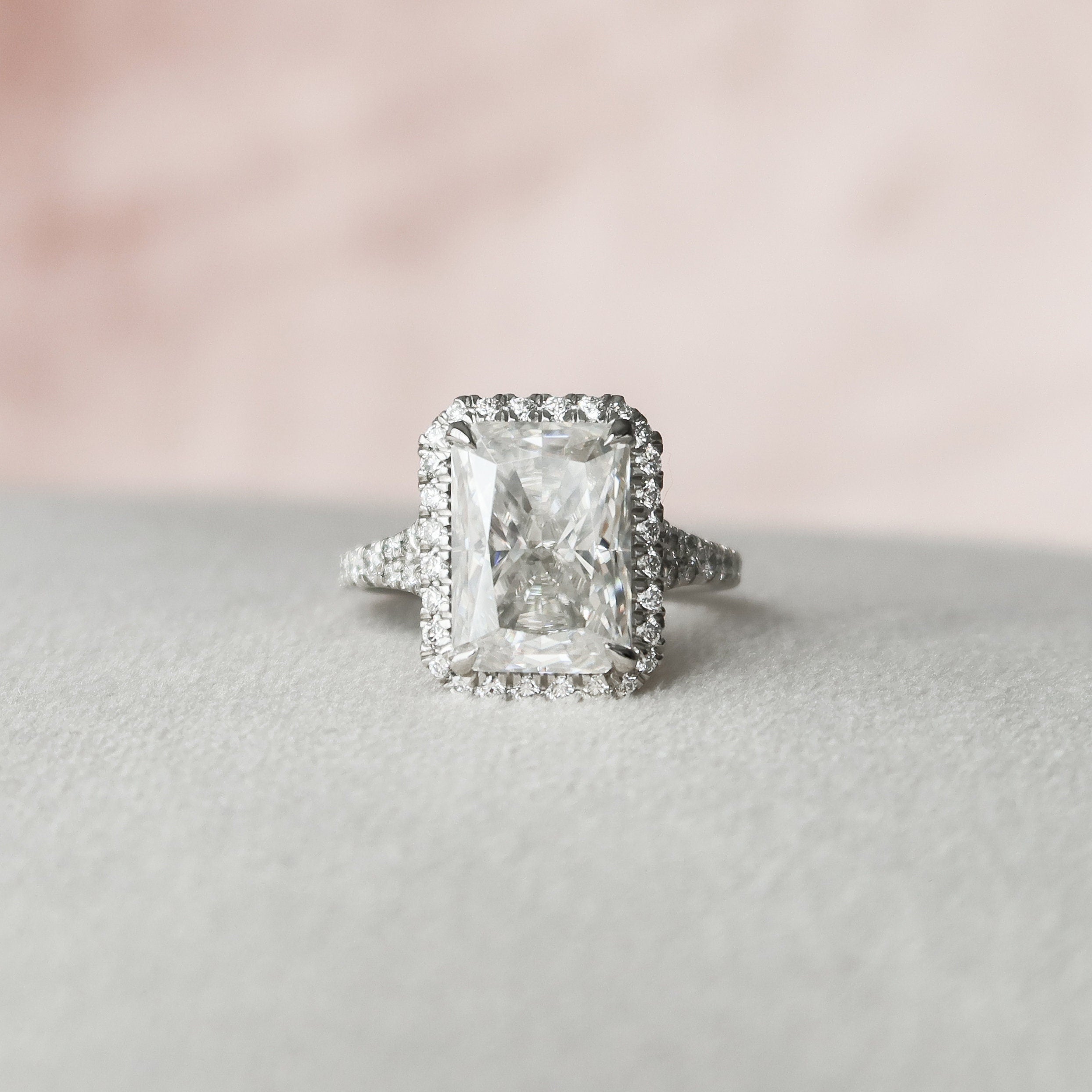 5.50 CT Radiant Halo & Split Shank Moissanite Engagement Ring - crownmoissanite