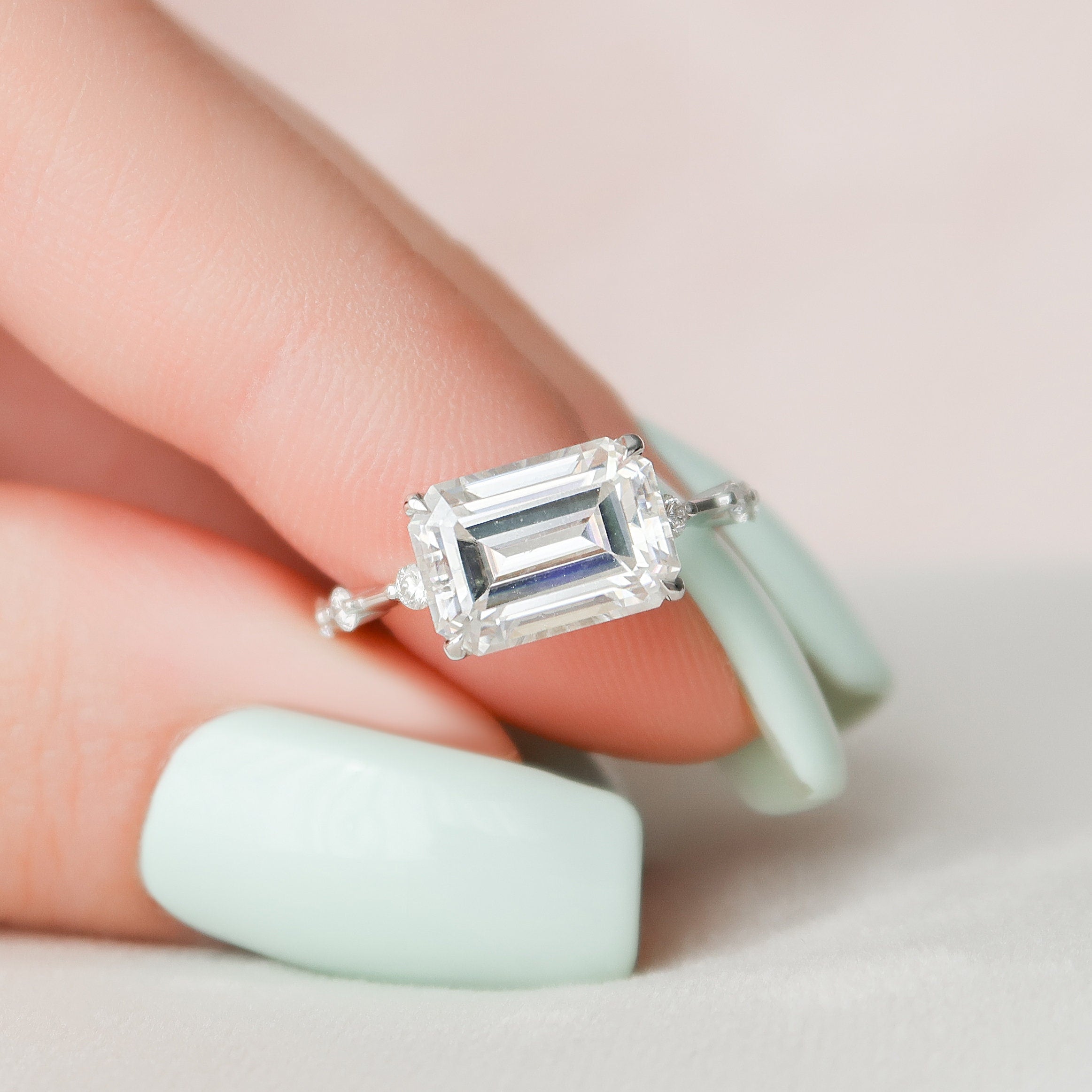 3.0 CT Emerald Cut Solitaire & Dainty Pave Moissanite Engagement Ring - crownmoissanite