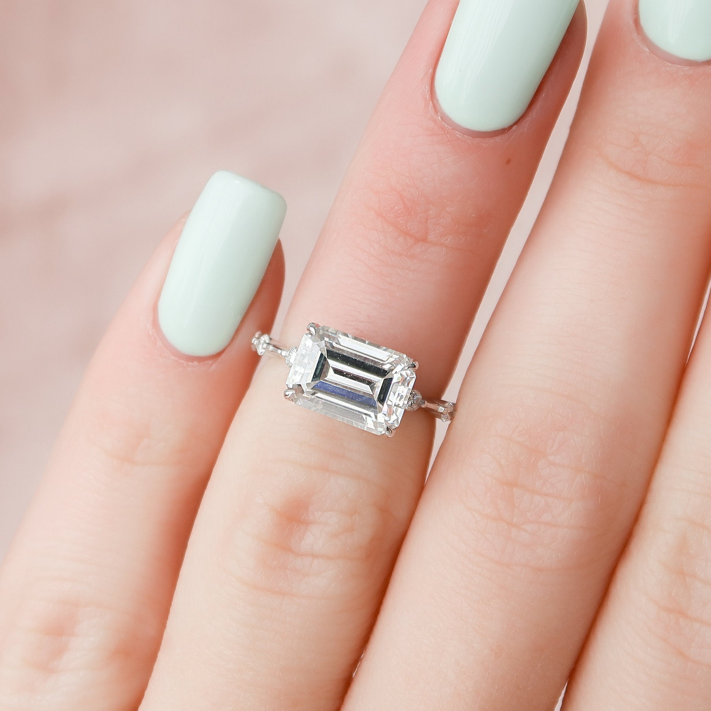 3.0 CT Emerald Cut Solitaire & Dainty Pave Moissanite Engagement Ring - crownmoissanite
