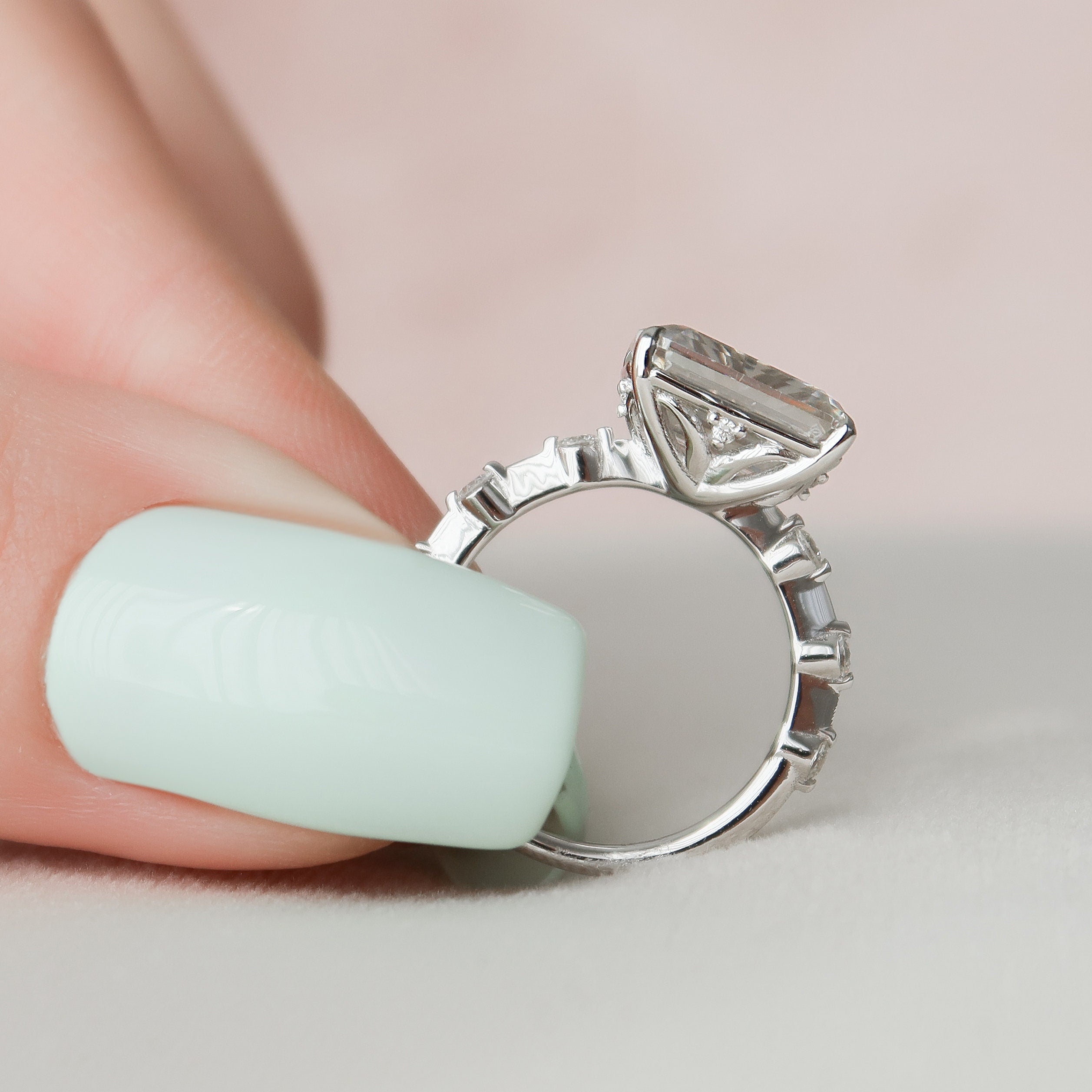 3.0 CT Emerald Cut Solitaire & Dainty Pave Moissanite Engagement Ring - crownmoissanite