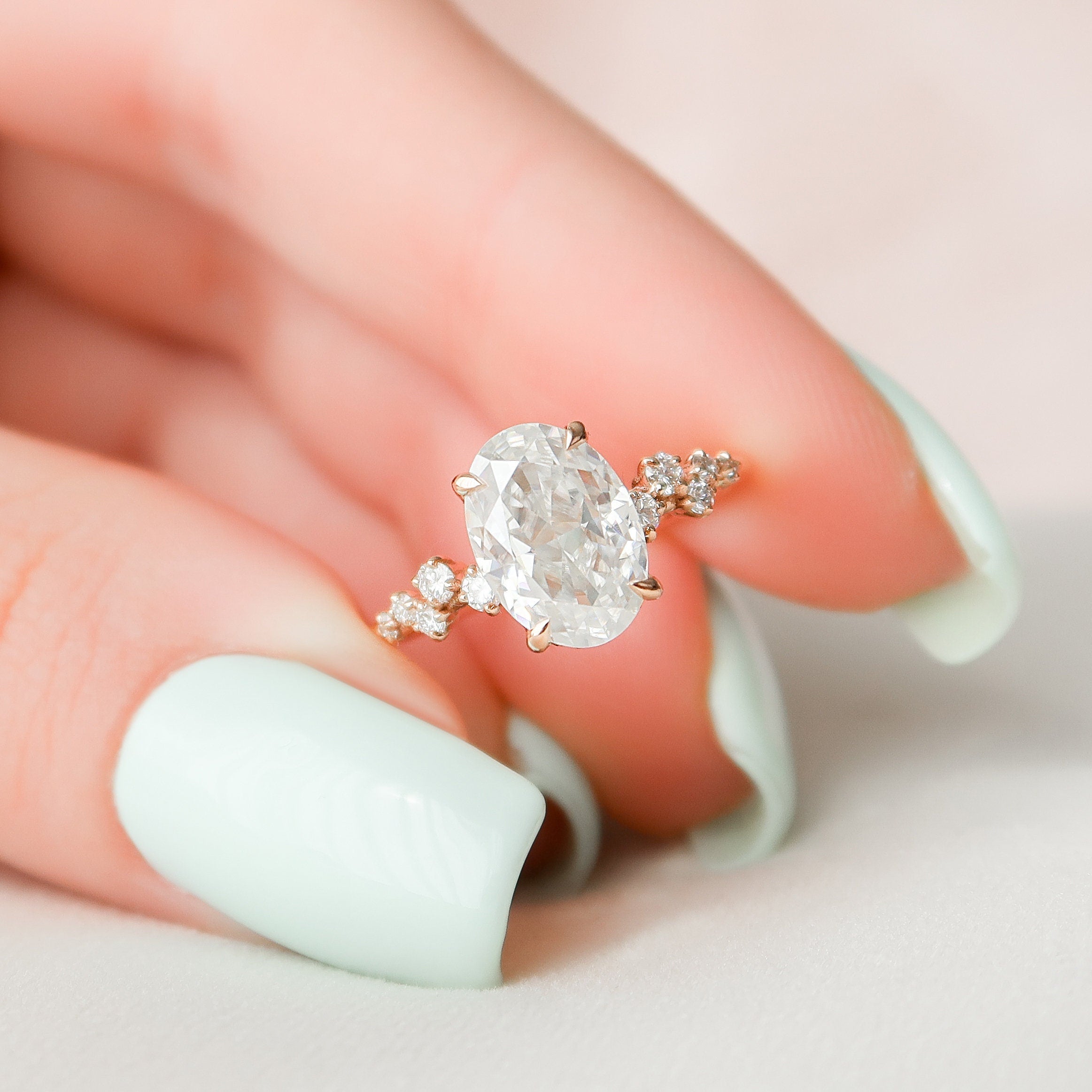 2.0 CT Oval Cut Cluster Style Pave Moissanite Engagement Ring - crownmoissanite