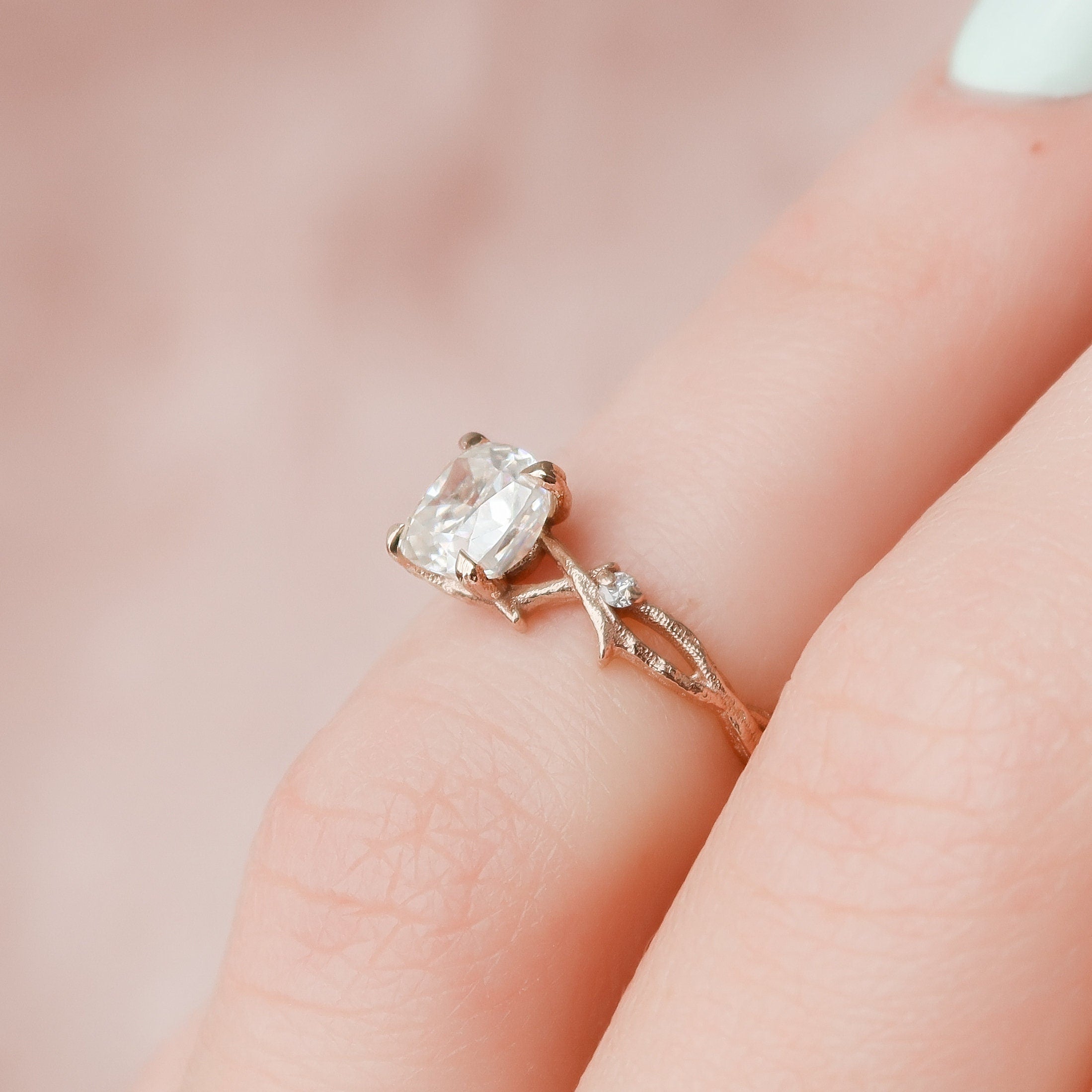 1.0 CT Cushion Solitaire & Twig Setting Moissanite Engagement Ring - crownmoissanite