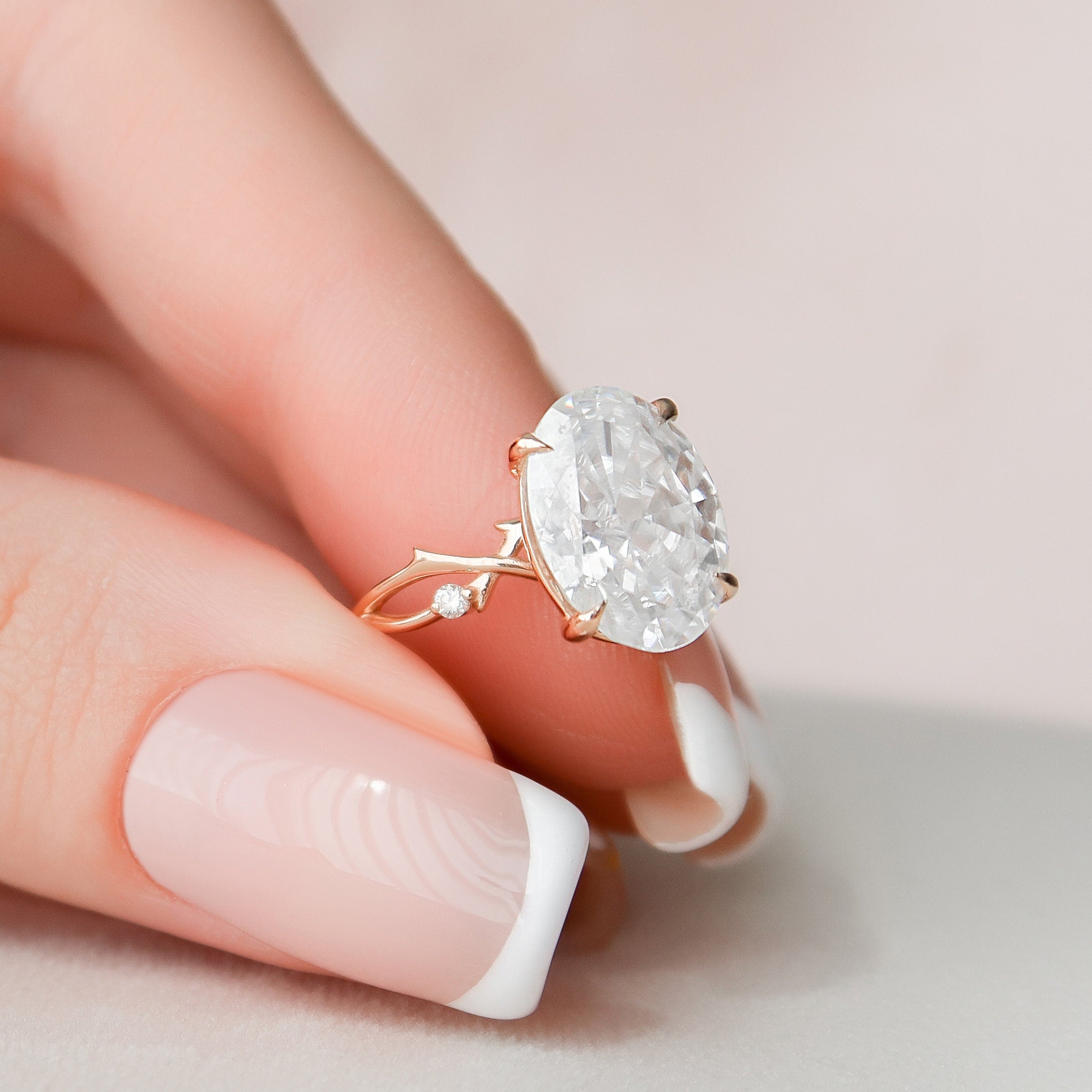 3.5 CT Oval Cut Solitaire & Twig Pave Moissanite Engagement Ring - crownmoissanite
