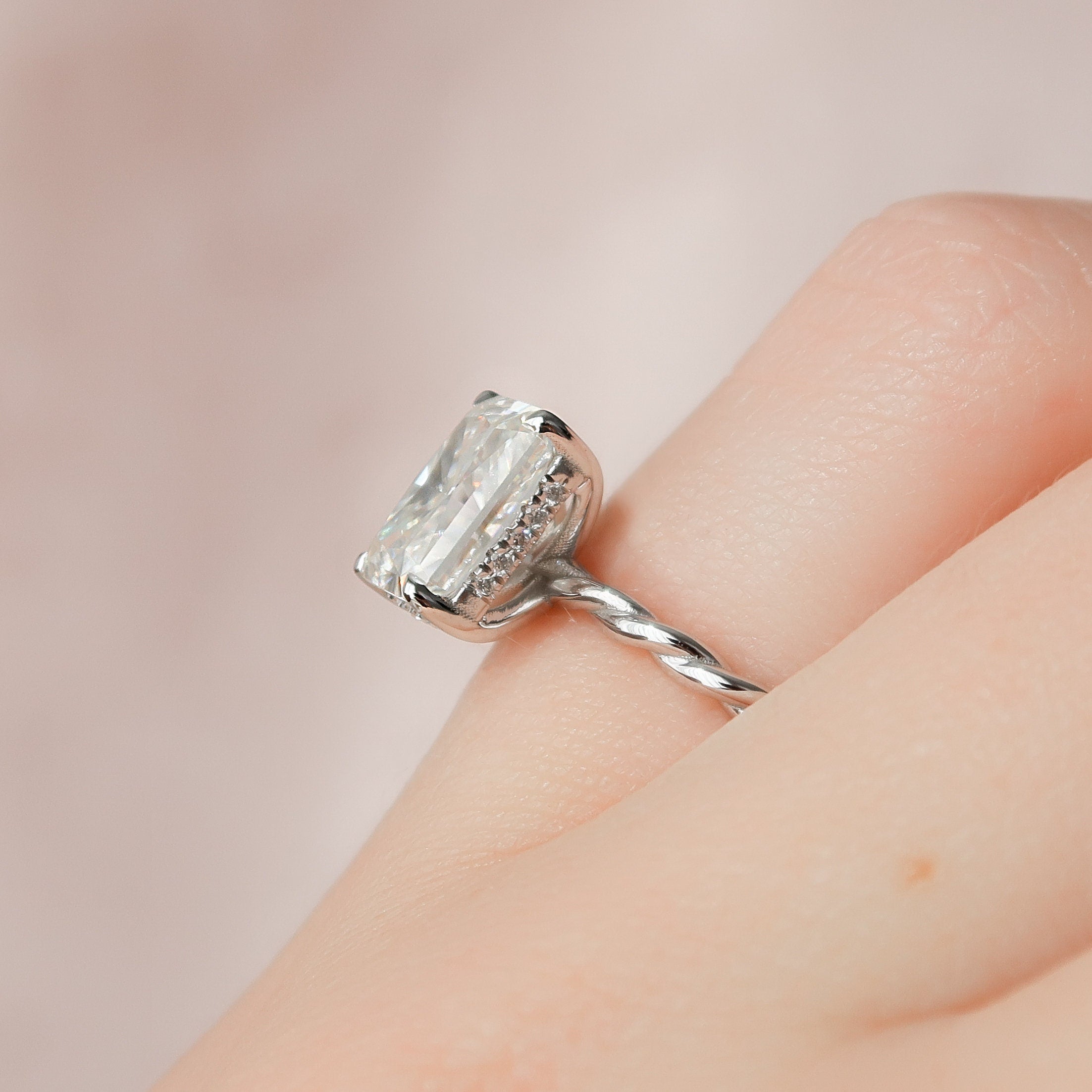 2.5 CT Radiant Hidden Halo Twisted Band Moissanite Engagement Ring - crownmoissanite
