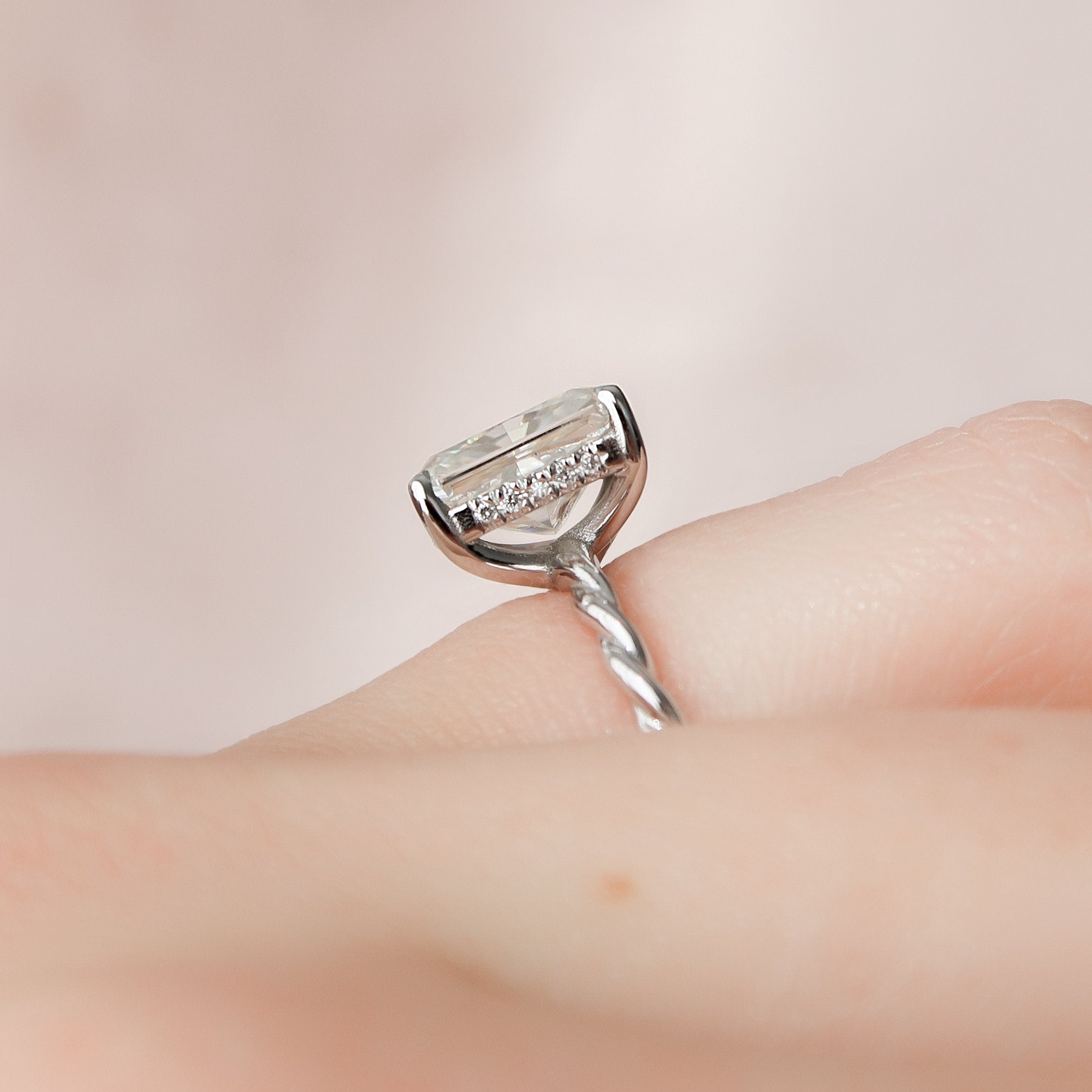 2.5 CT Radiant Hidden Halo Twisted Band Moissanite Engagement Ring - crownmoissanite
