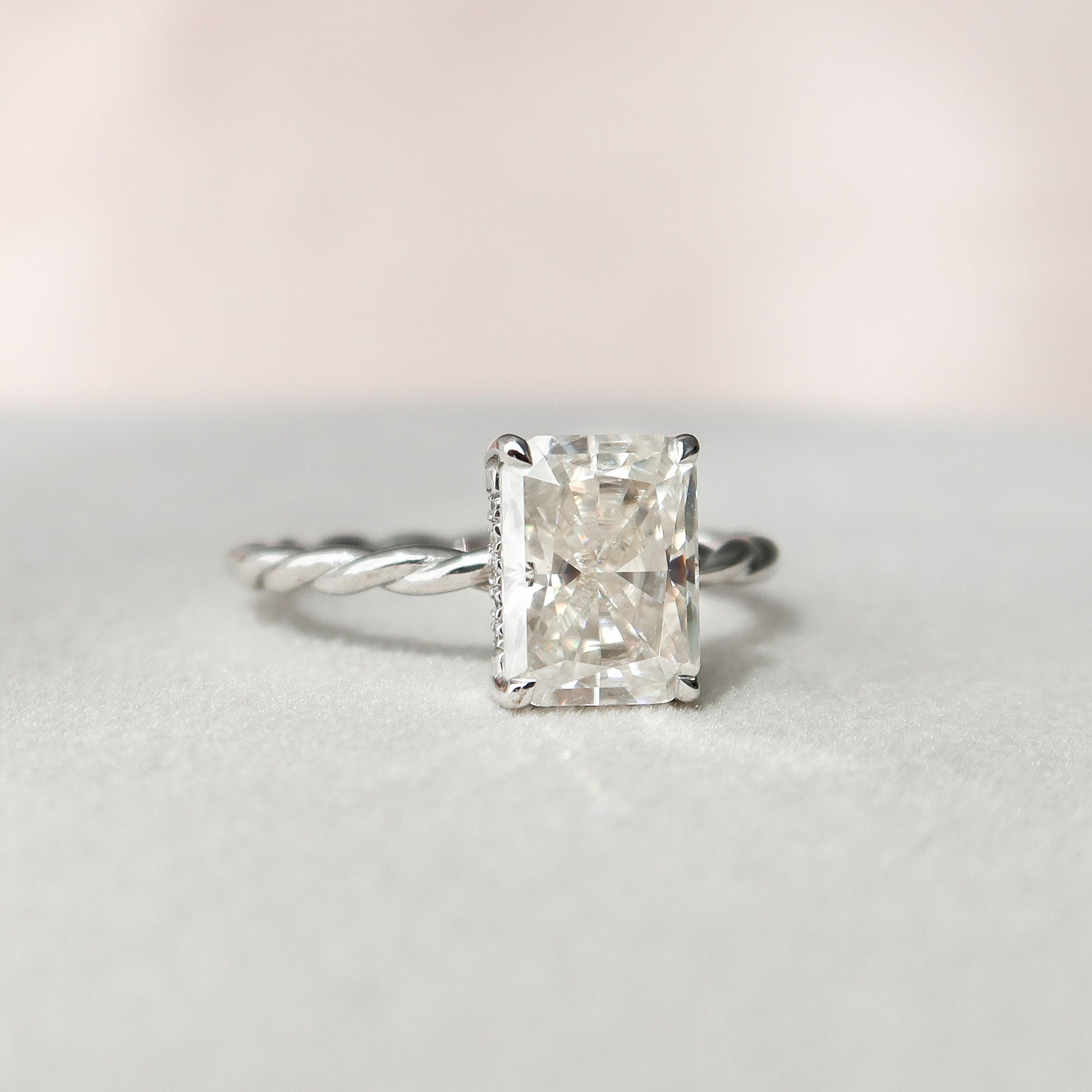 2.5 CT Radiant Hidden Halo Twisted Band Moissanite Engagement Ring - crownmoissanite