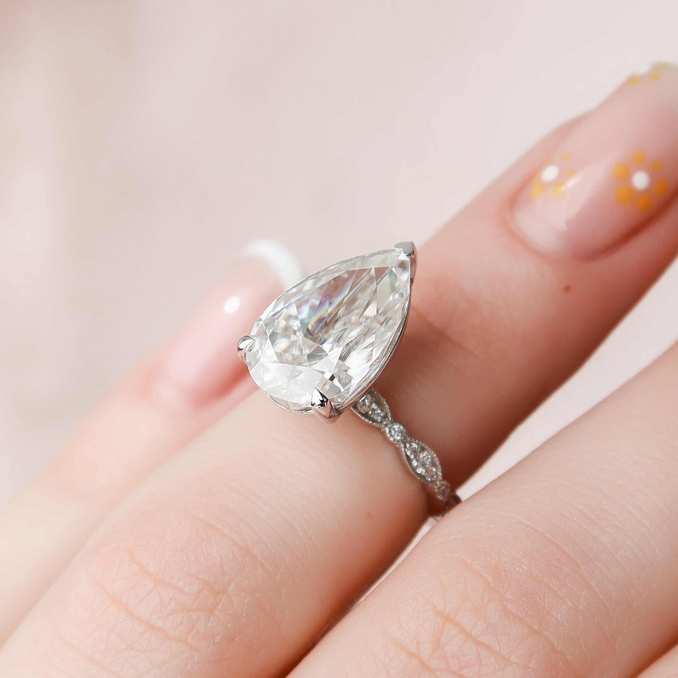 4.5 CT Pear Milgrain Pave Vintage Style Moissanite Engagement Ring - crownmoissanite