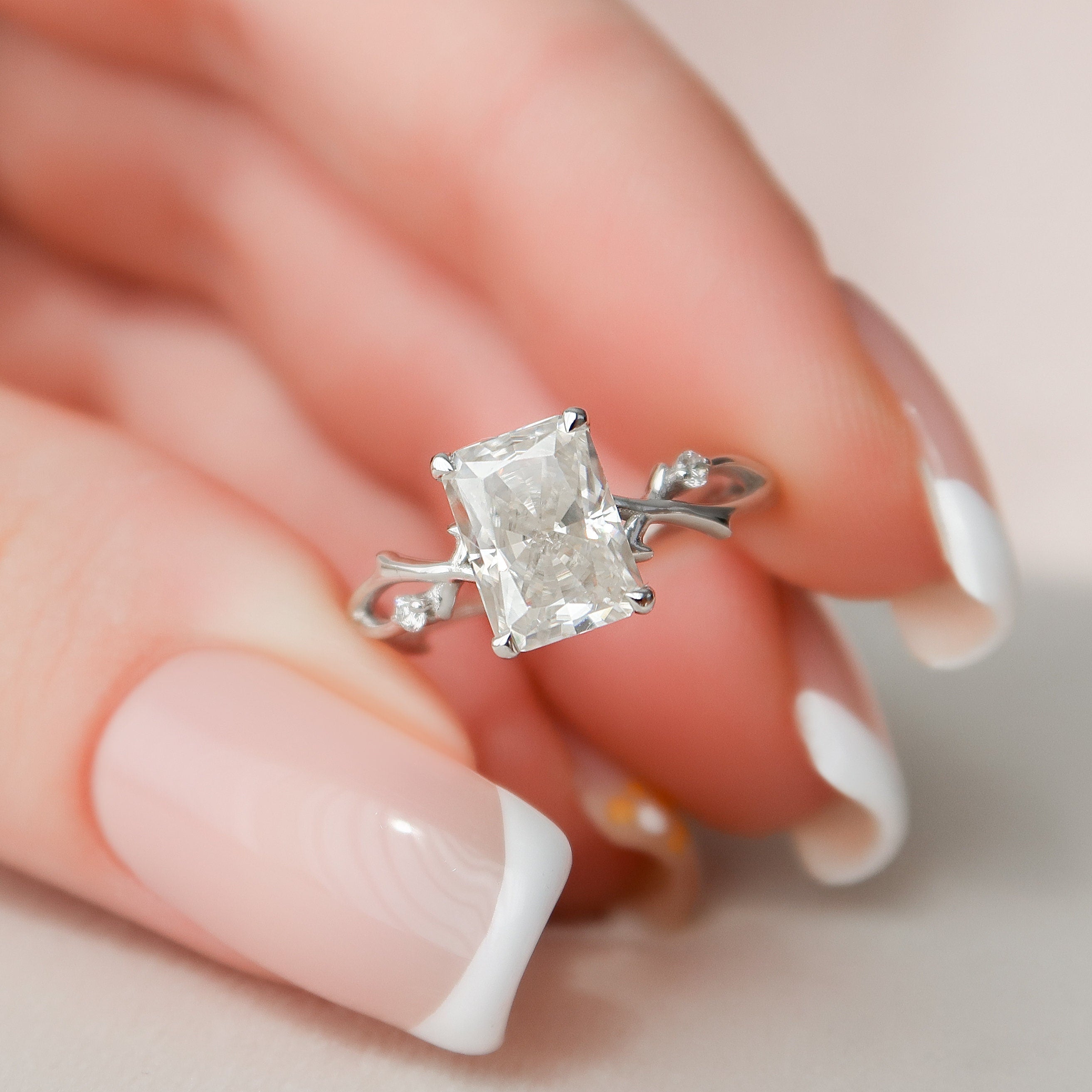 2.0 CT Radiant Solitaire & Twig Pave Moissanite Engagement Ring - crownmoissanite