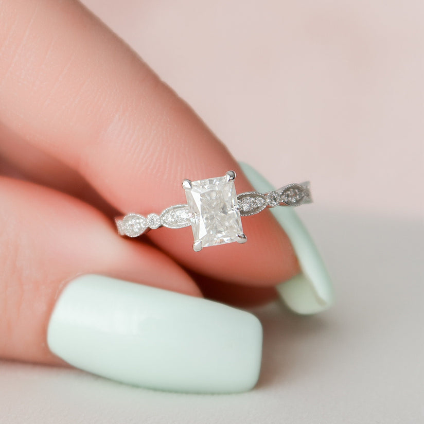 1.0 CT Radiant Milgrain Vintage Style Moissanite Engagement Ring - crownmoissanite