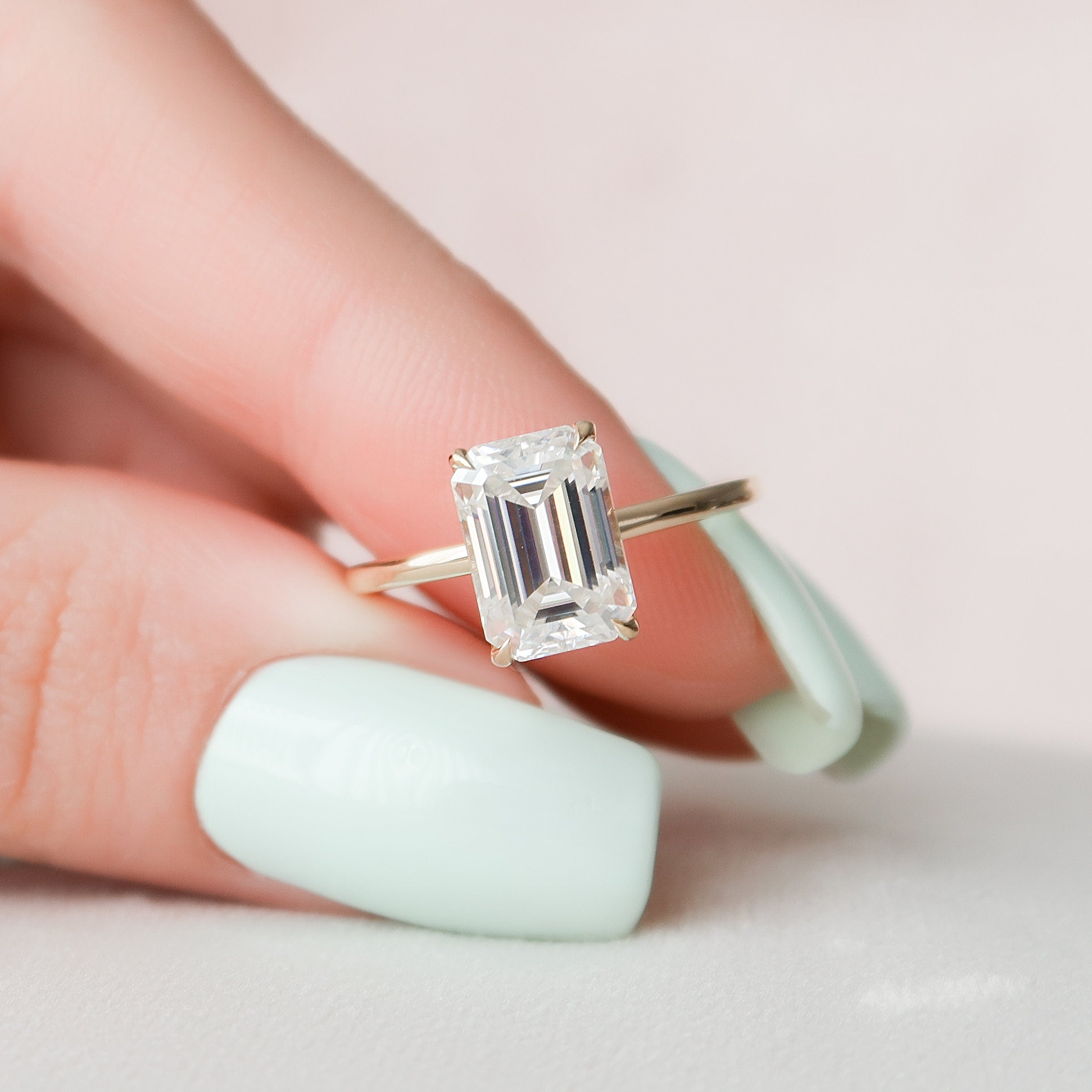 3.0 CT Emerald Cut Solitaire & Hidden Halo Moissanite Engagement Ring - crownmoissanite