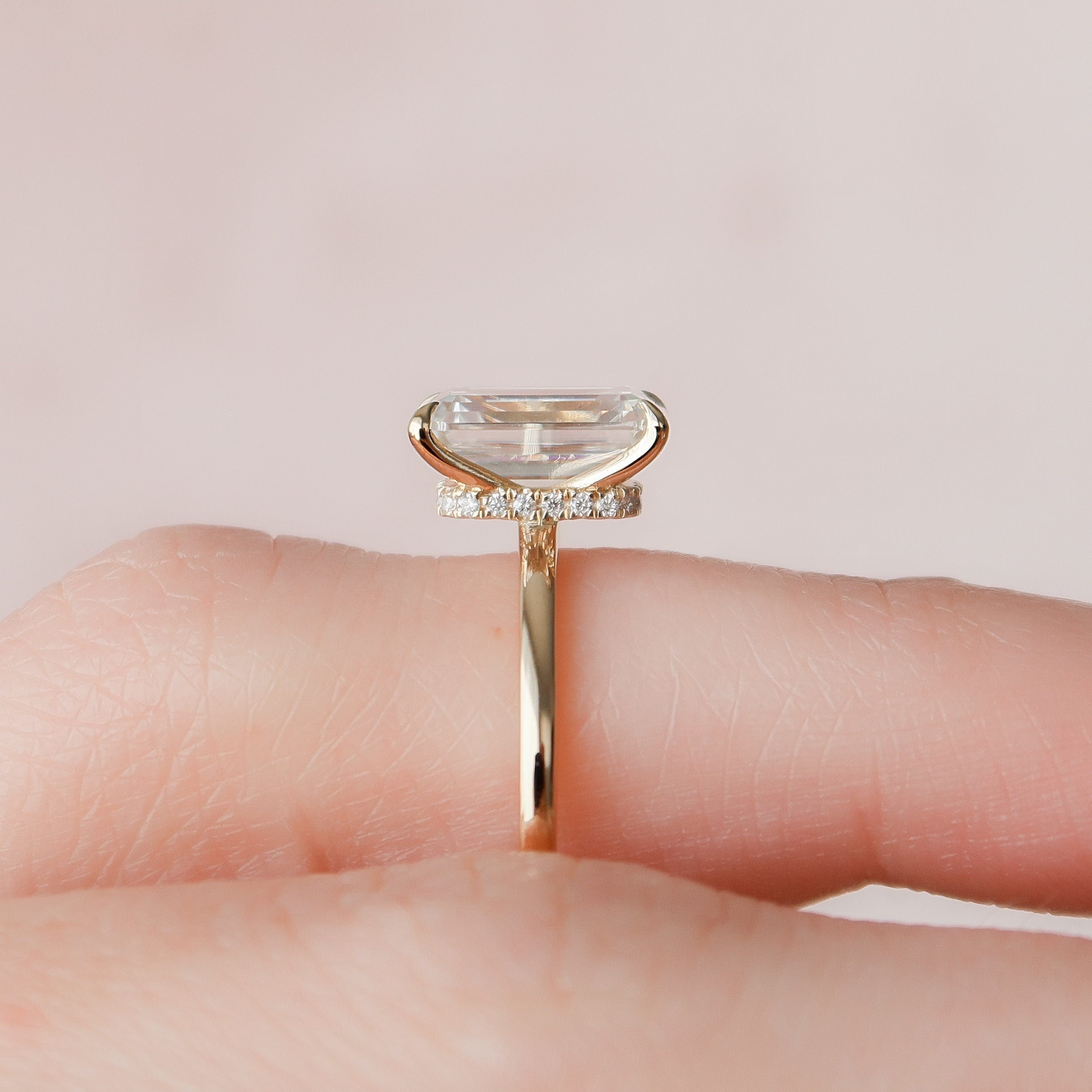 3.0 CT Emerald Cut Solitaire & Hidden Halo Moissanite Engagement Ring - crownmoissanite