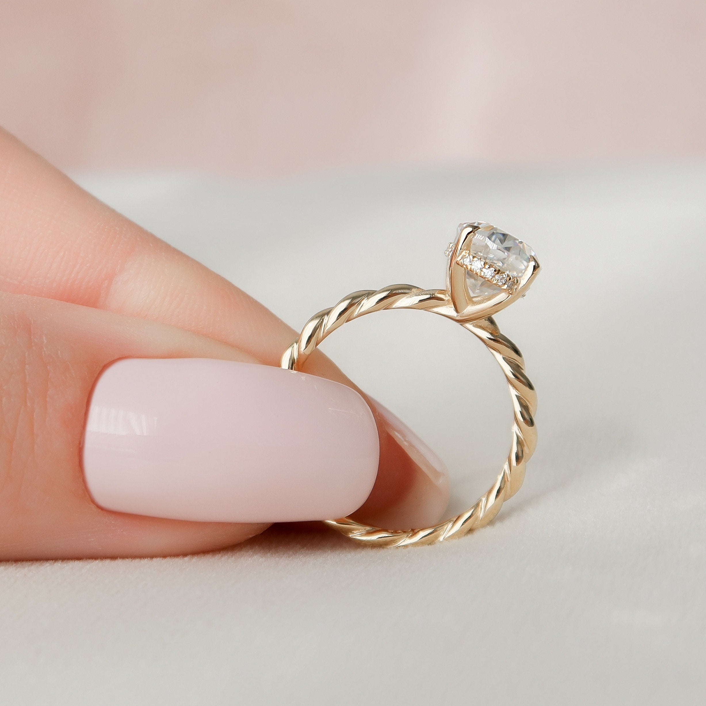 2.0 CT Oval Twisted Band & Hidden Halo Moissanite Engagement Ring - crownmoissanite