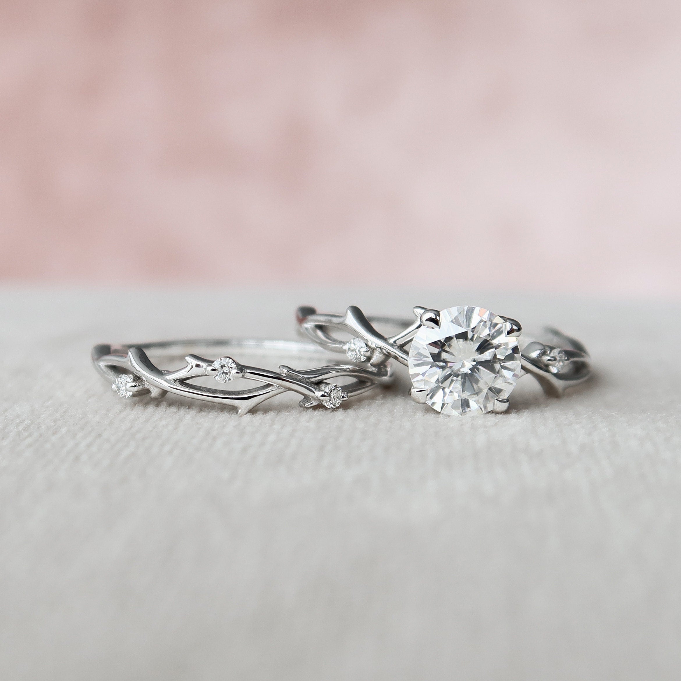 1.0 CT Round Twig Style Pave Moissanite Engagement Ring - crownmoissanite
