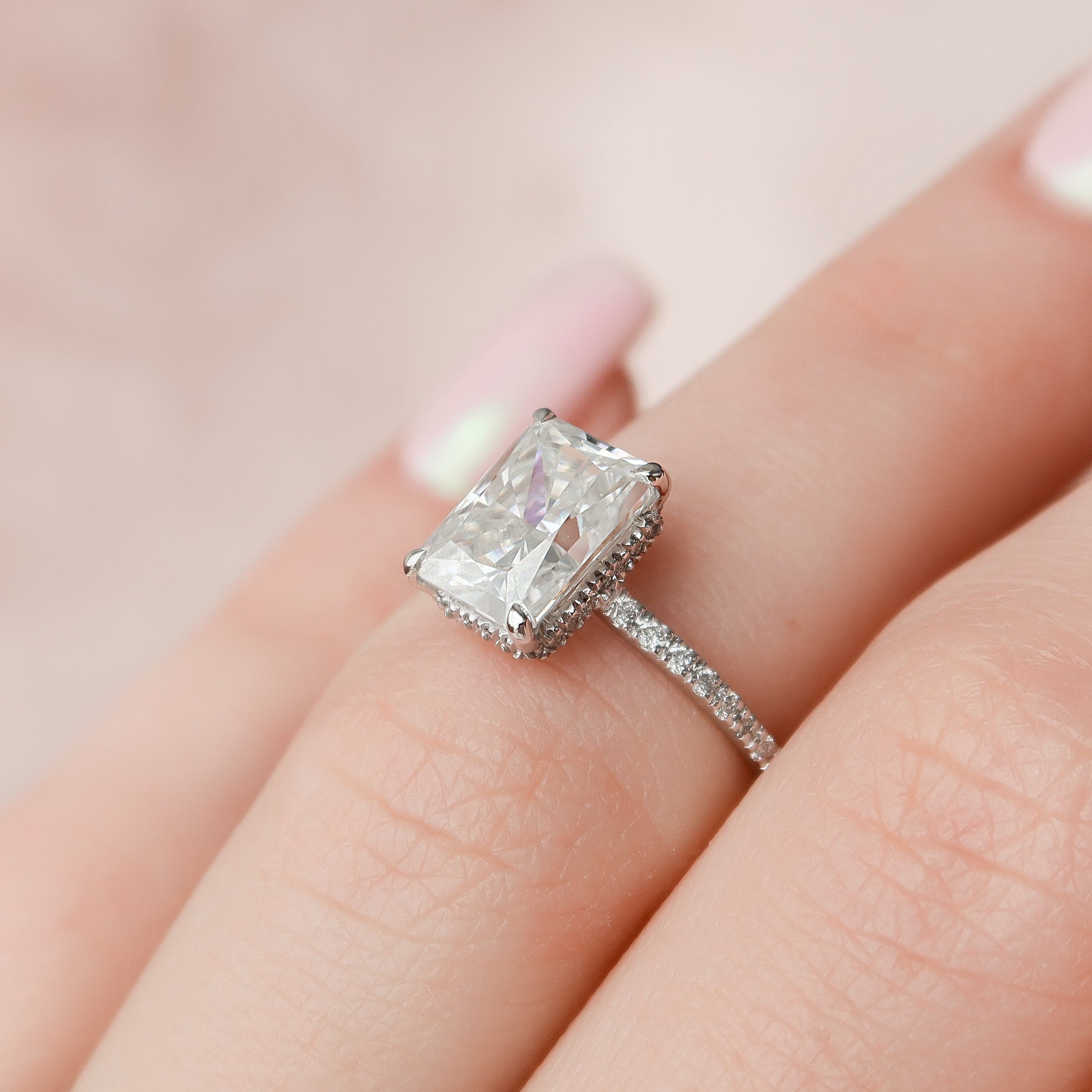 2.5 CT Radiant Pave & Hidden Halo Setting Moissanite Engagement Ring - crownmoissanite
