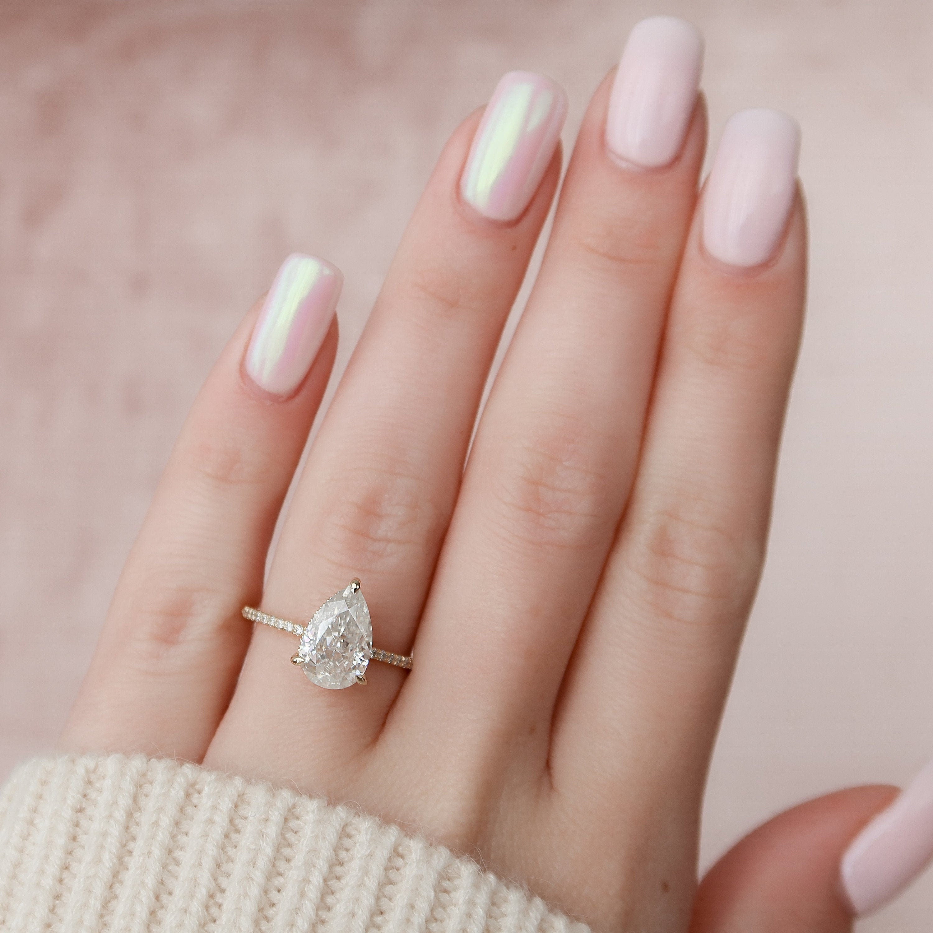 2.5 CT Pear Cut Pave & Hidden Halo Setting Moissanite Engagement Ring - crownmoissanite