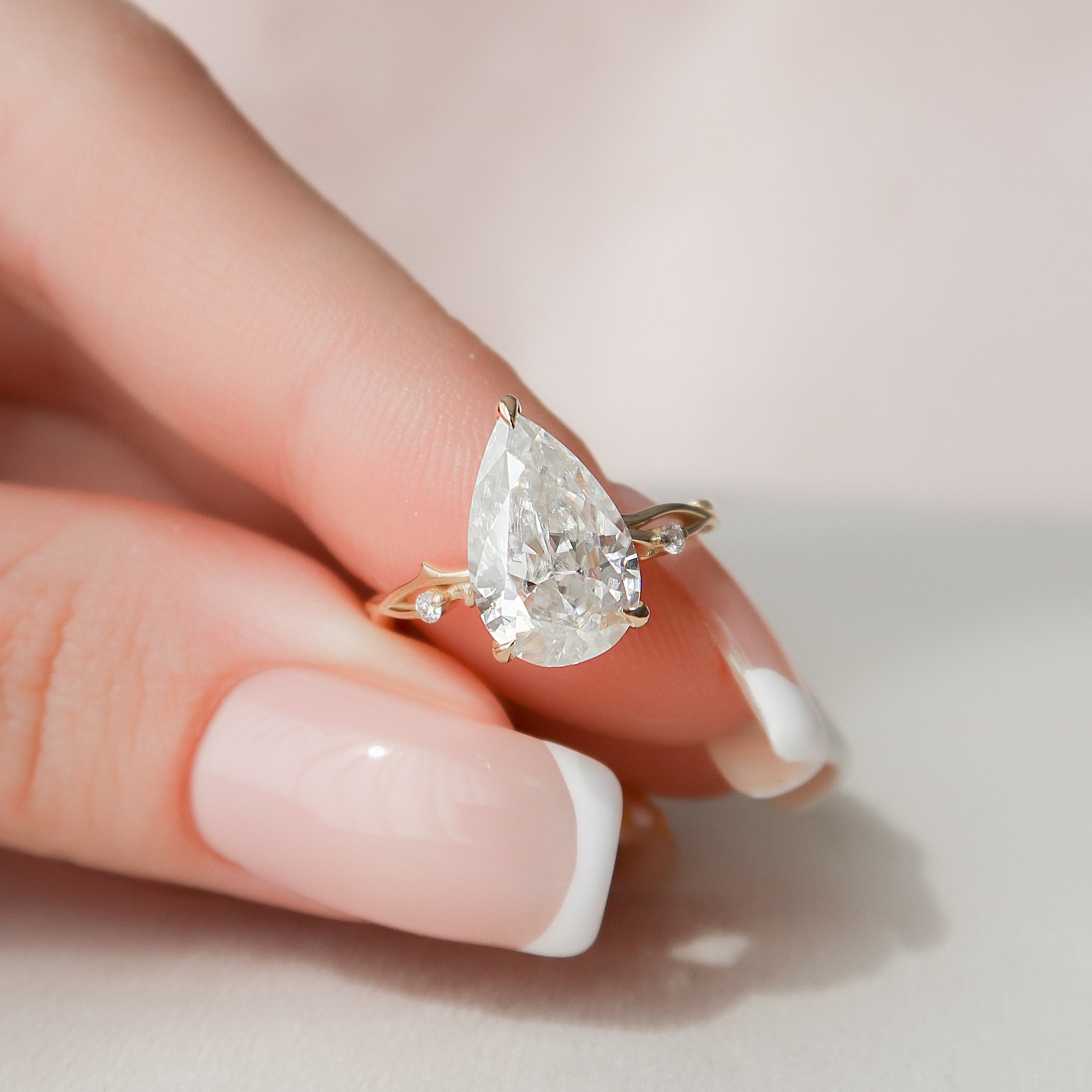 2.5 CT Pear Cut Solitaire & Twig Pave Moissanite Engagement Ring - crownmoissanite