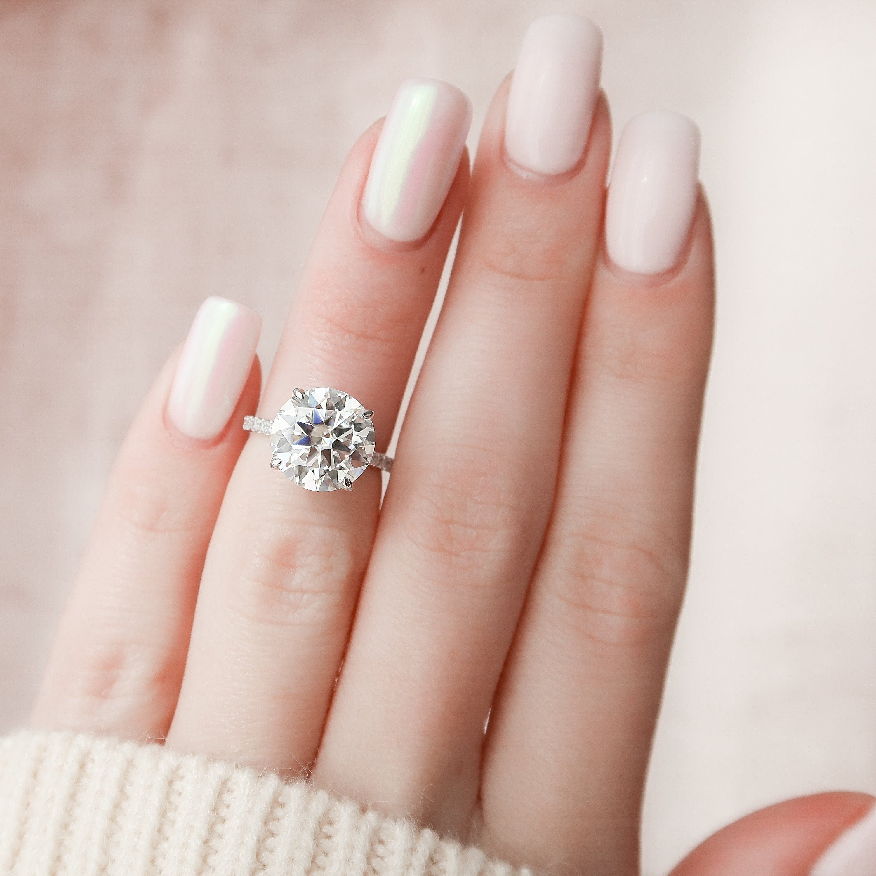 4.5 CT Round Cut Solitaire & Hidden Halo Moissanite Engagement Ring - crownmoissanite