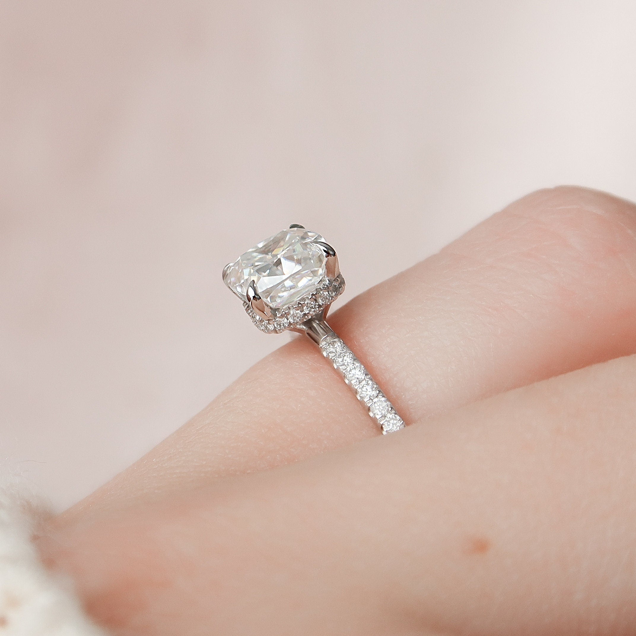 1.5 CT Cushion Hidden Halo & Pave Setting Moissanite Engagement Ring - crownmoissanite