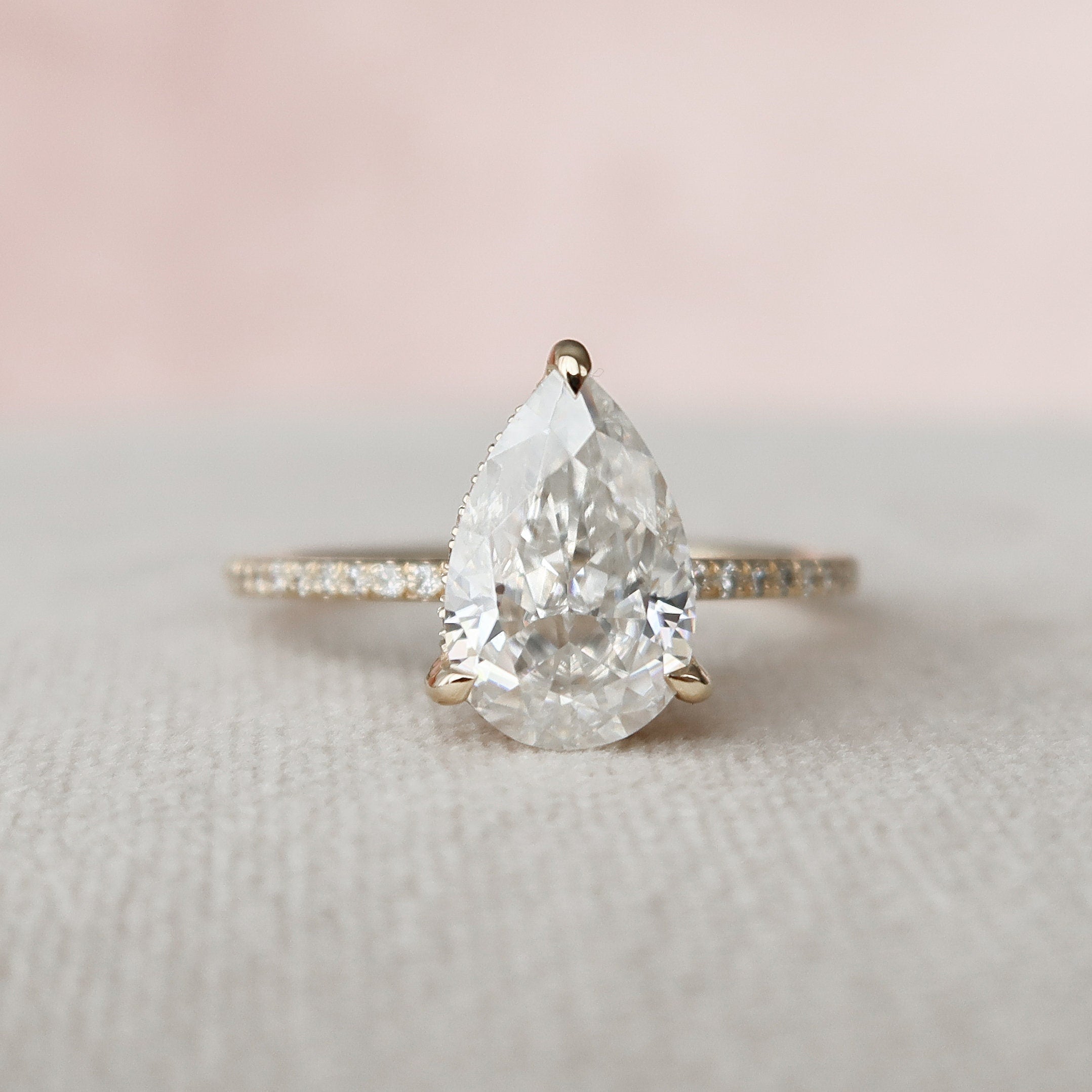 2.5 CT Pear Cut Pave & Hidden Halo Setting Moissanite Engagement Ring - crownmoissanite
