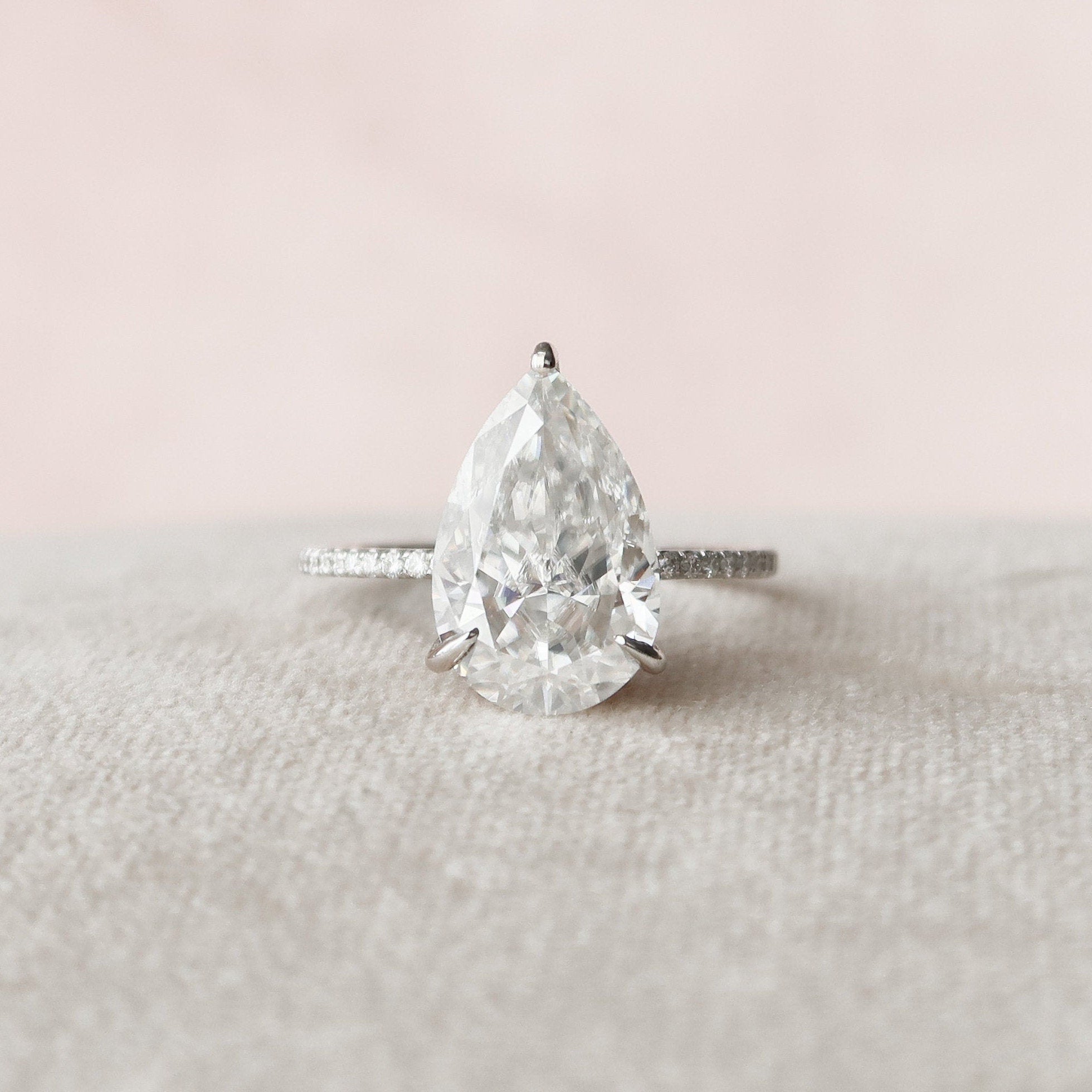 4.5 CT Pear Cut Solitaire & Pave Setting Moissanite Engagement Ring - crownmoissanite