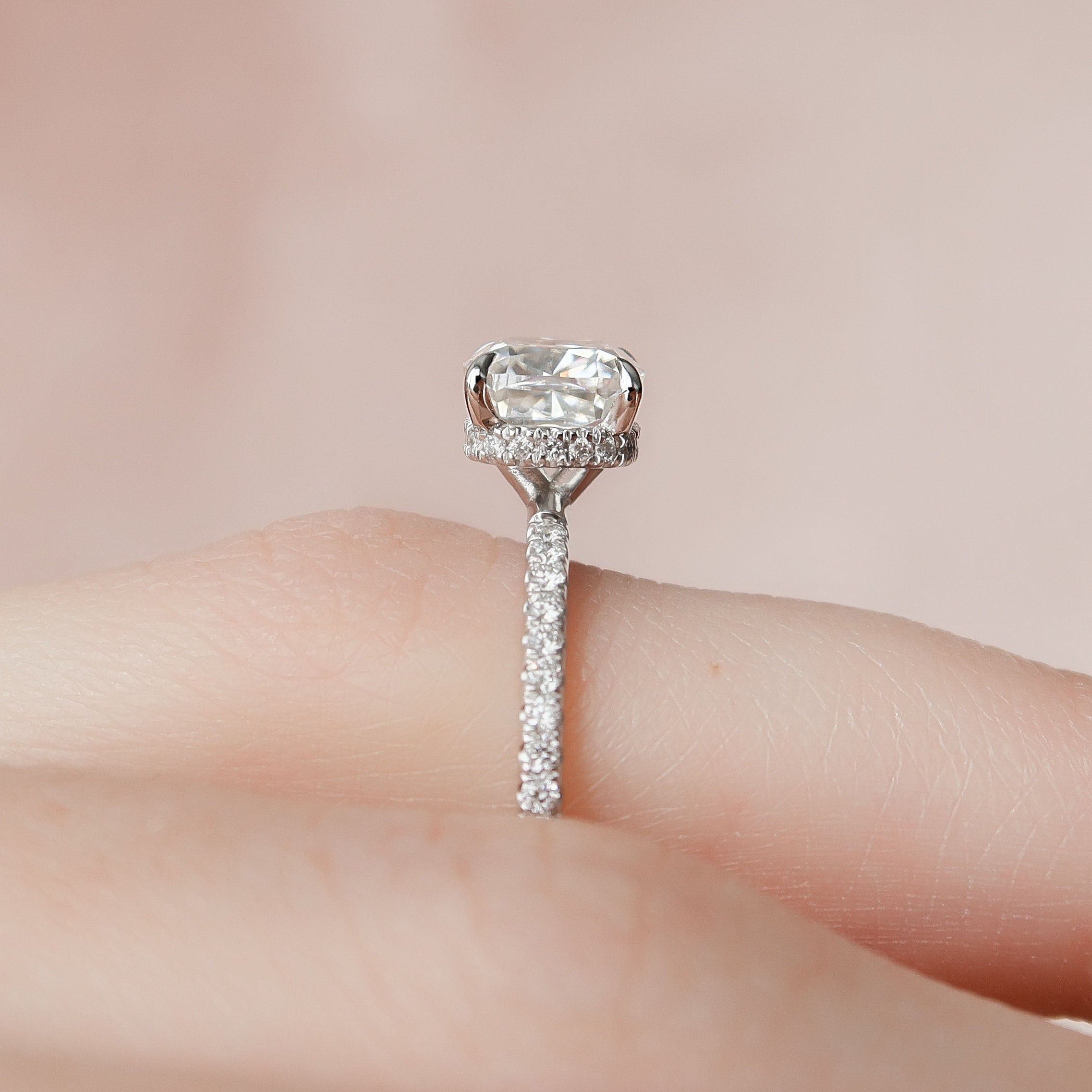 1.5 CT Cushion Hidden Halo & Pave Setting Moissanite Engagement Ring - crownmoissanite