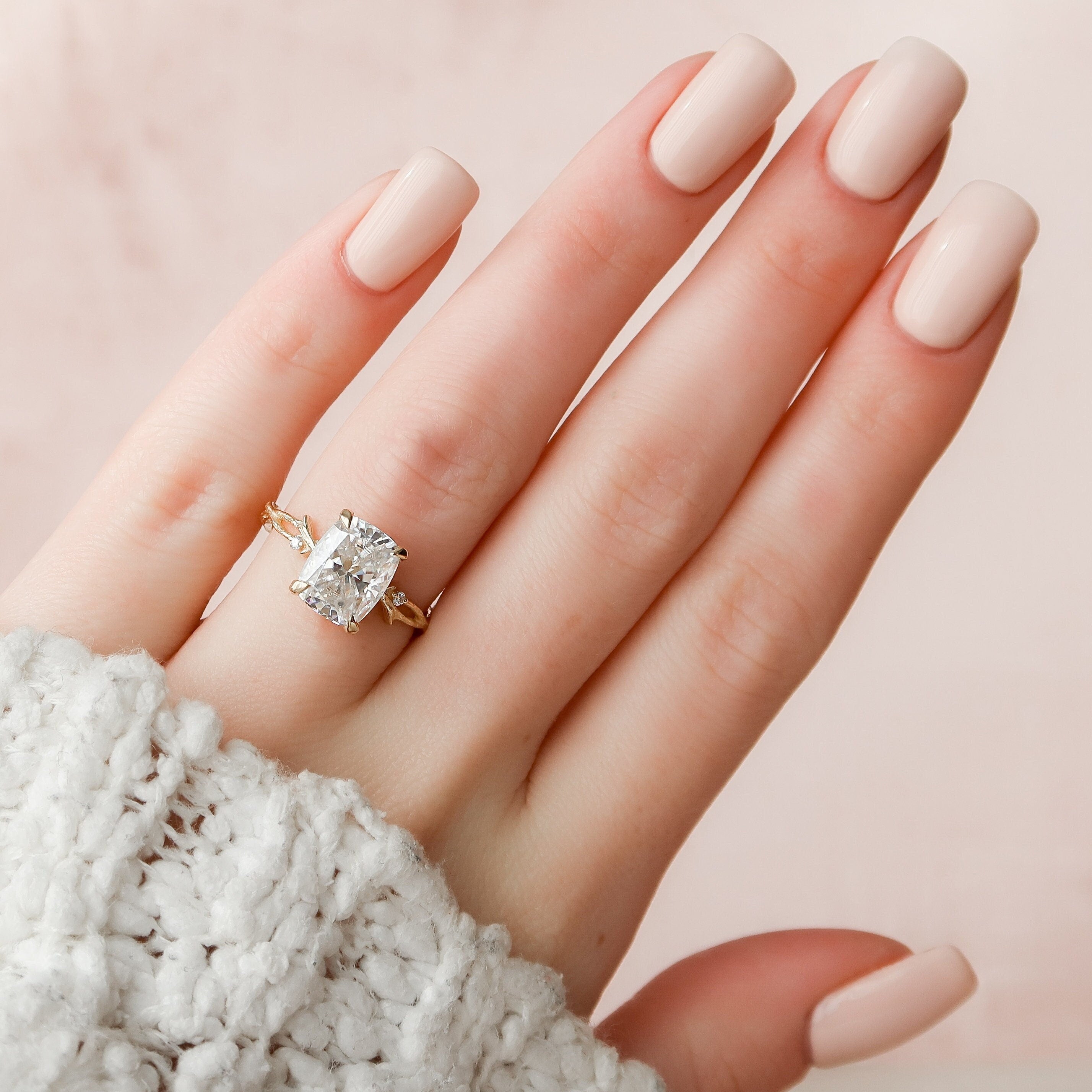 4.0 CT Cushion Cut Twig Pave Moissanite Engagement Ring - crownmoissanite