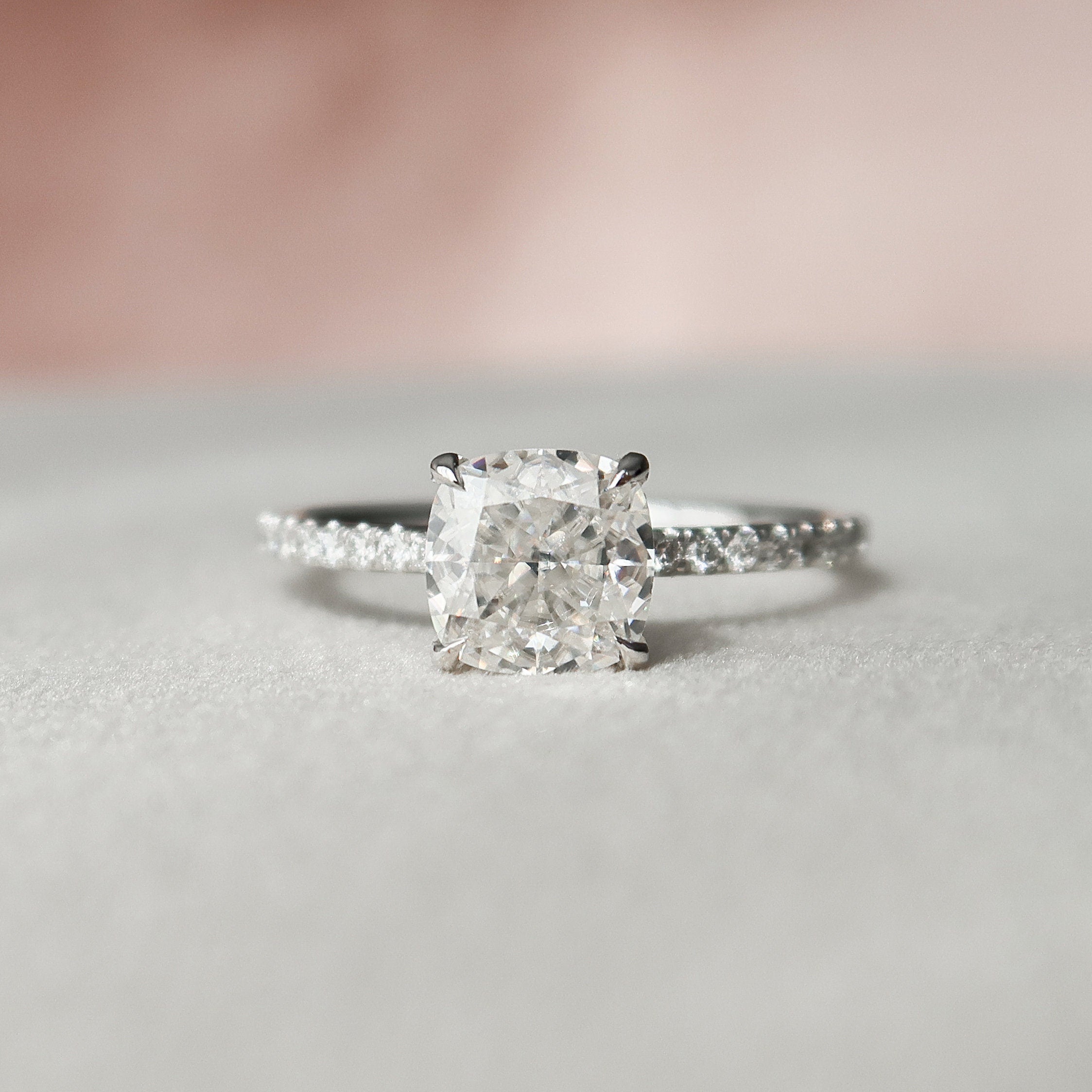 1.5 CT Cushion Hidden Halo & Pave Setting Moissanite Engagement Ring - crownmoissanite