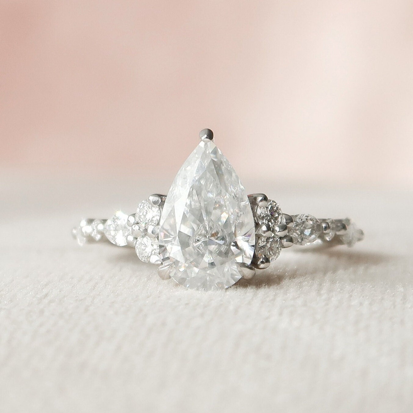 1.50 CT Pear Shaped Moissanite Cluster Engagement Ring - crownmoissanite