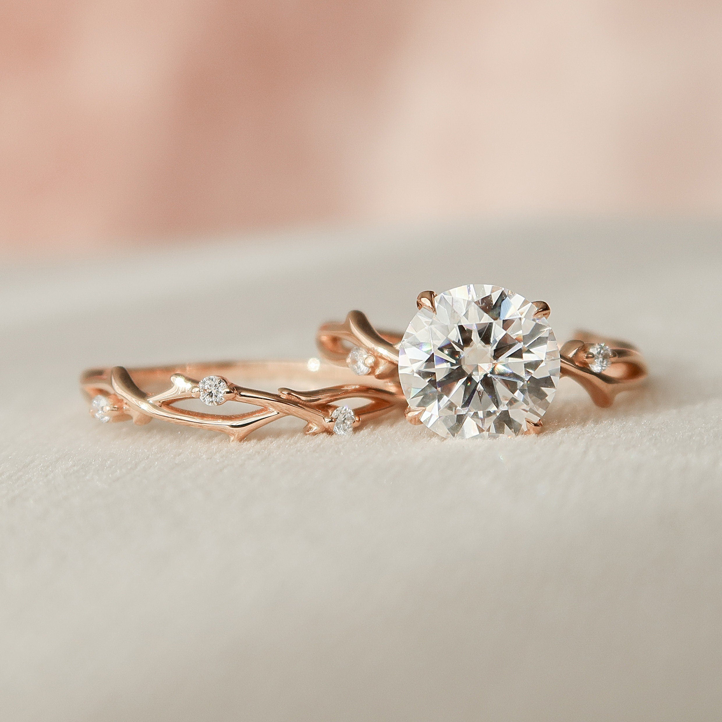 2.0 CT Round Cut Twig Pave Setting Moissanite Engagement Ring - crownmoissanite